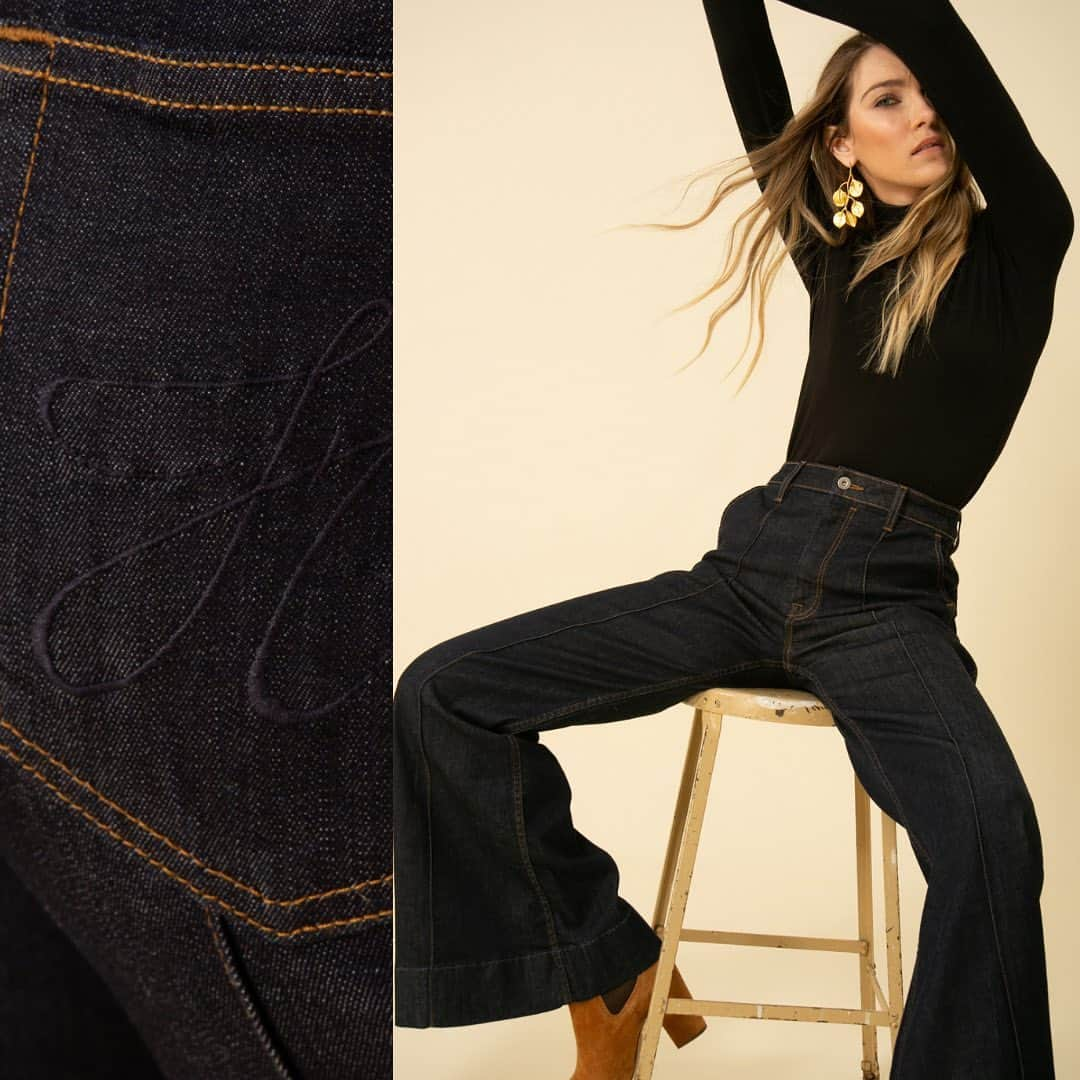 ヘイルボブのインスタグラム：「Let me introduce our First Hale Bob Denim Collection. Blake ✨is gorgeous wide-leg flare jeans, and the design is perfectly feminine and gives you an elegant silhouette. For total comfort, we select the best Cotton Stretch.  The High Waisted Fit gives you the perfect The 70s look and matches perfectly with our romantic blouse.  Limited edition MADE in California in the best Denim factory 🇺🇸✨」