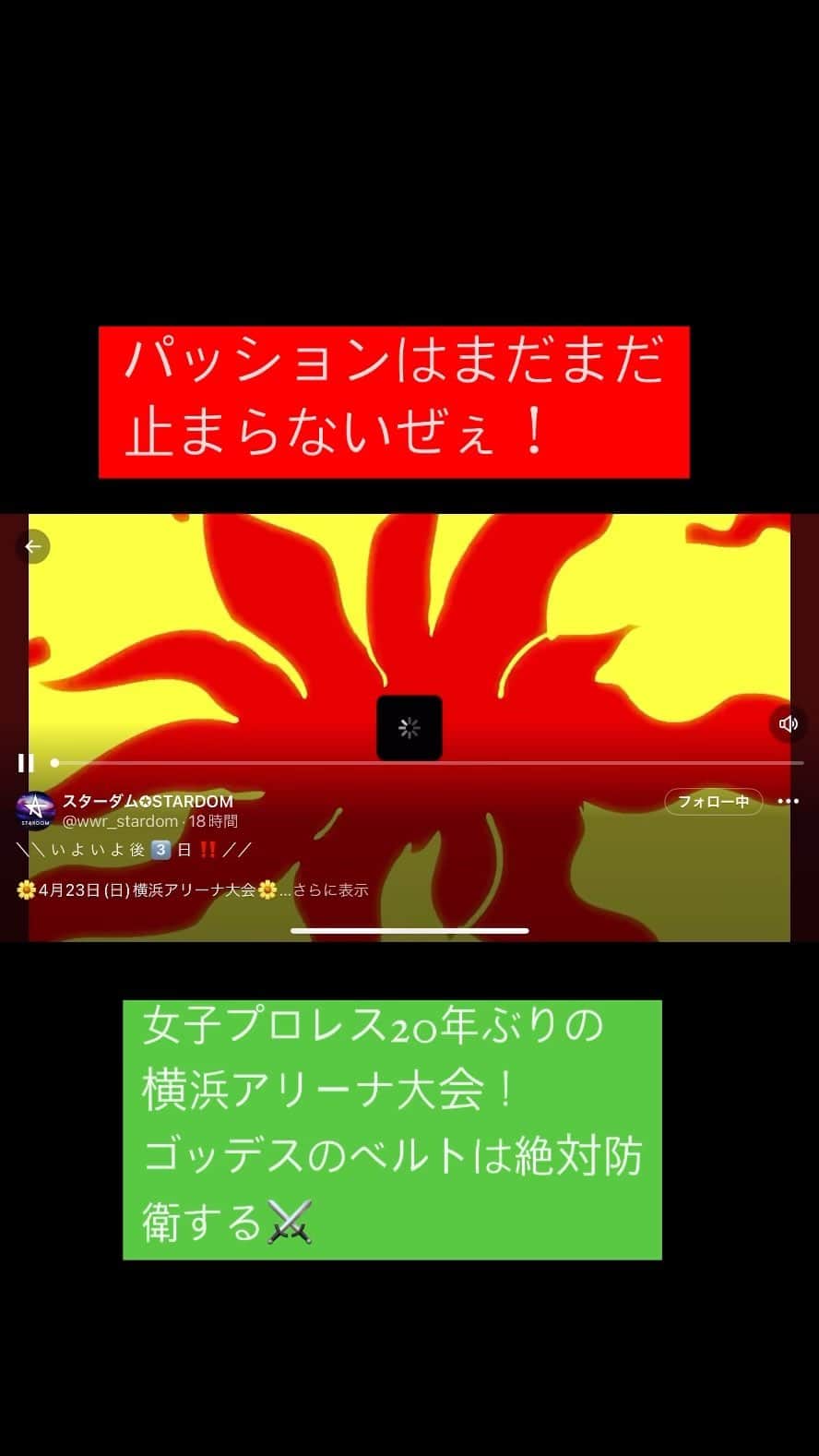 高橋奈苗のインスタグラム：「PASSIONが溢れて溢れて仕方がないんだぜぇー🔥  キャリア26年分のPASSIONが今にまとまってドバドバ出てるね🔥  #プロレス #高橋奈七永  #ナナエ #パッション #passion #女子プロレス #人間国宝 #japan #nanaetakahashi #STARDOM #横浜アリーナ　#女子プロレス #横浜　#スターダム」