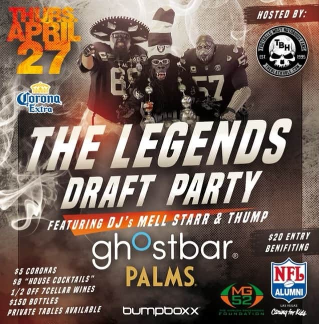 Palms Casino Resortのインスタグラム：「Get ready for a legendary night at Ghostbar as we team up with The NFL Alumni Association and The Black Hole to present "The Legends Draft Party" 🏈 DJ's Mel Starr and Thump will provide the beats as you experience the NFL Draft 55 floors above the Las Vegas skyline. Enjoy $5 Corona features, $8 "House Cocktails" and $150 bottle features all night long. Get tickets - Link in bio!」