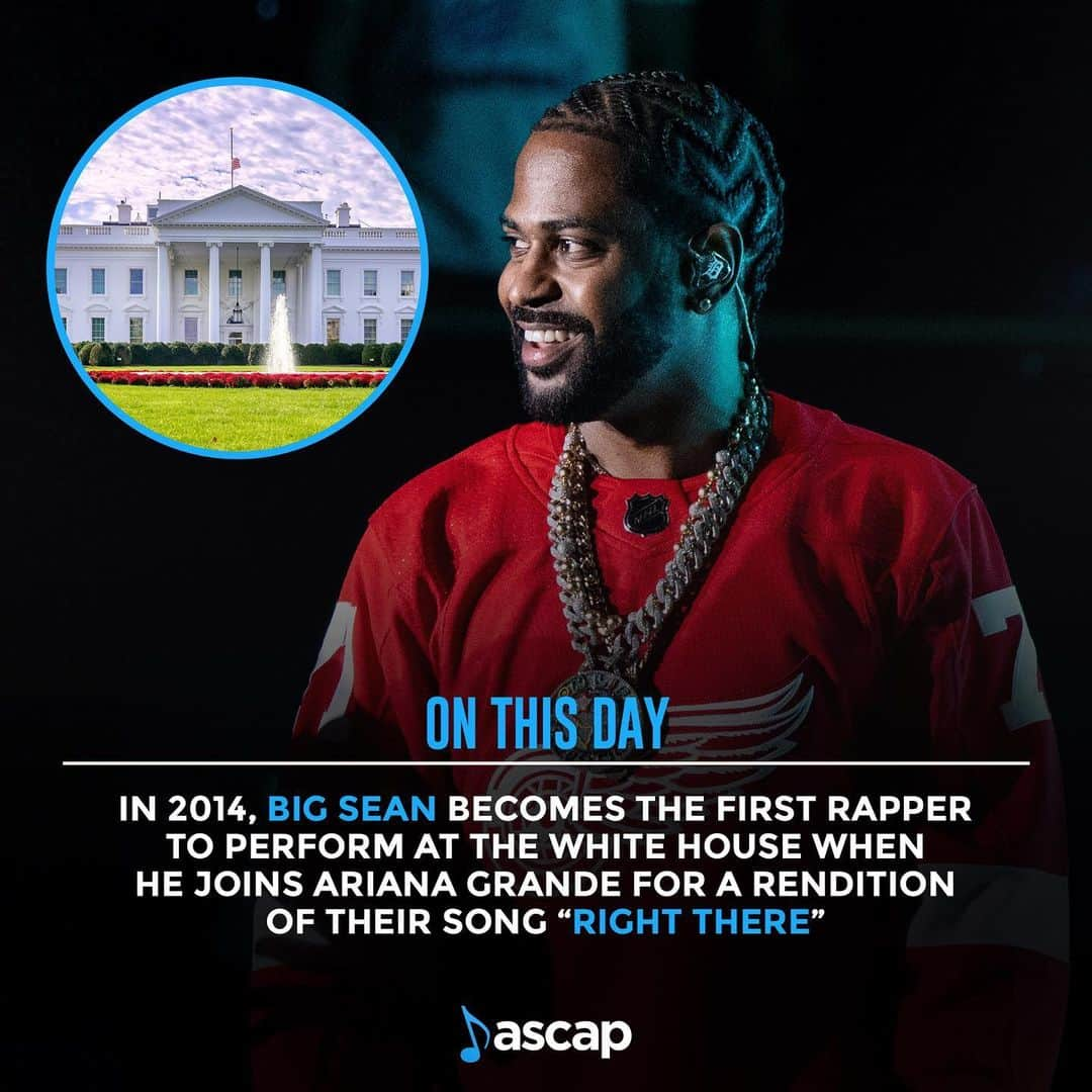 ASCAPさんのインスタグラム写真 - (ASCAPInstagram)「9 years ago today (April 21, 2014), Big Sean became the first rapper to rap at the White House.  As a part of the performance line-up for the #WhiteHouse's annual Easter Egg Hunt, #ArianaGrande brought #BigSean out for a rendition of their song, "Right There." Sean and Ariana performed their track in front of 30,000+ people on the South Lawn.」4月22日 0時34分 - ascap