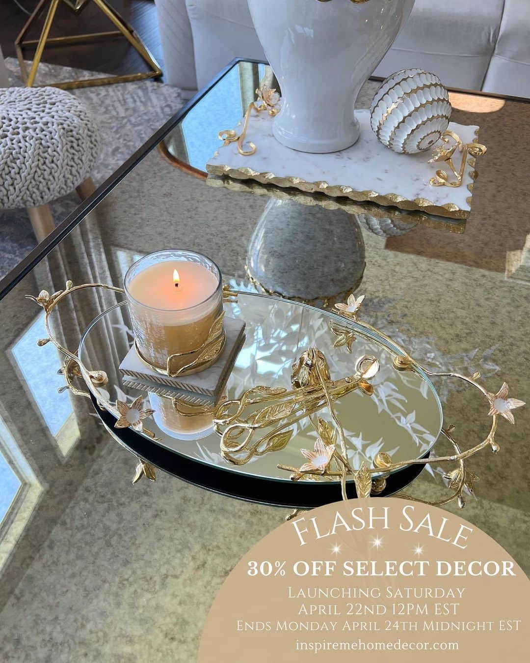 のインスタグラム：「30% OFF FLASH SALE ALERT⭐️ Beginning Tomorrow, Saturday April 22nd at 12PM EST, start shopping a huge selection of handpicked decor, all 30% off! Vases, florals, trays, kitchen essentials, decor for ANY room will be 30% off! Don’t miss out, set your alarms, and get ready to shop our Flash Sale Tomorrow 12PM EST ending Monday, April 24th at midnight only at inspiremehomedecor.com link in bio!」