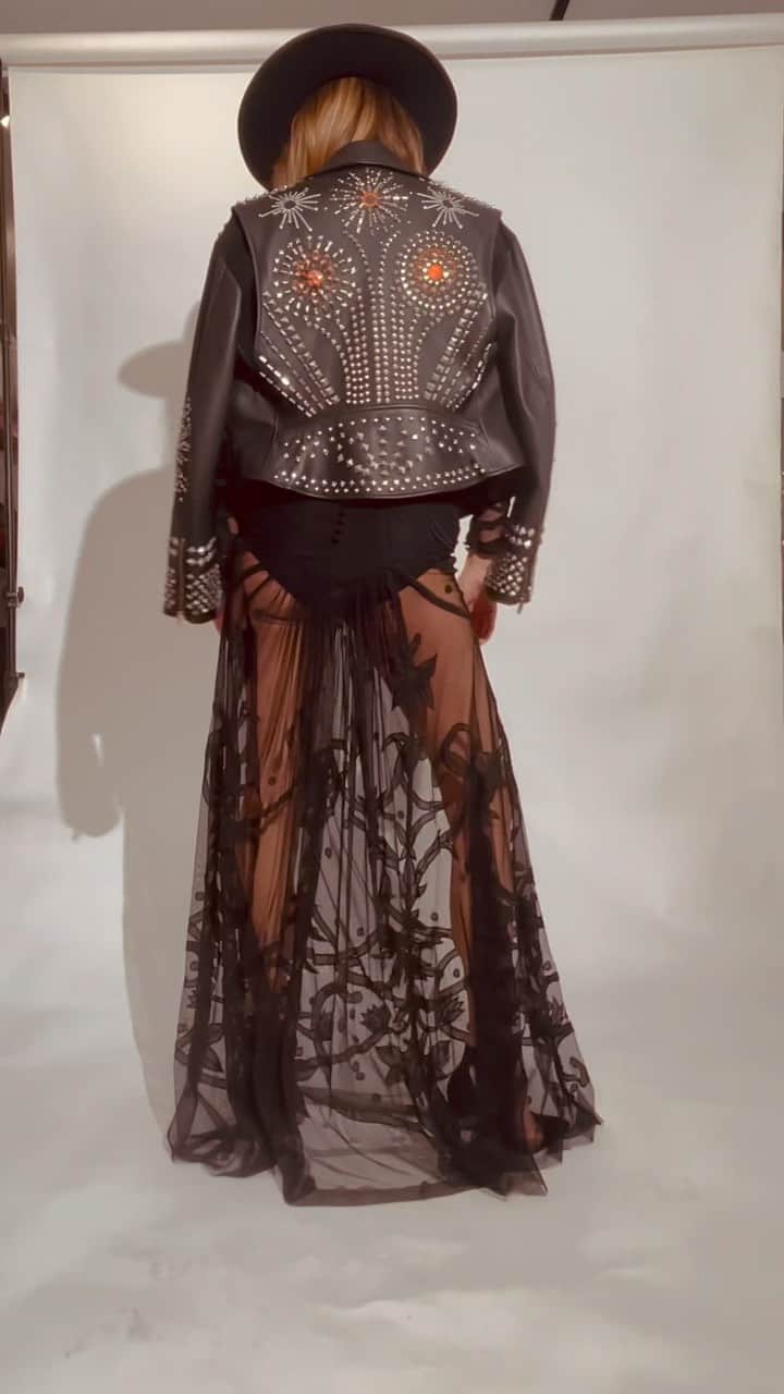 アリスバイテンパリーのインスタグラム：「Already sold out … pls order one with sophiec@temperleylondon.com if you want one as we will always re make this style x  Our heritage Tattoo dress and leather firework jacket on a Somerset fire cracker and muse … @tine_stapelfeldt  ⚡️ Happy weekend all x 😎🍸  @temperleylondon ( dress in 3 colour options - red, light blue and black, 🎩 @ahoibiza  🕶️ ours … coming in May x  ( we line everything … BUT please remember all slips and linings can be removed or shortened ! 💫⚡️⭐️)」