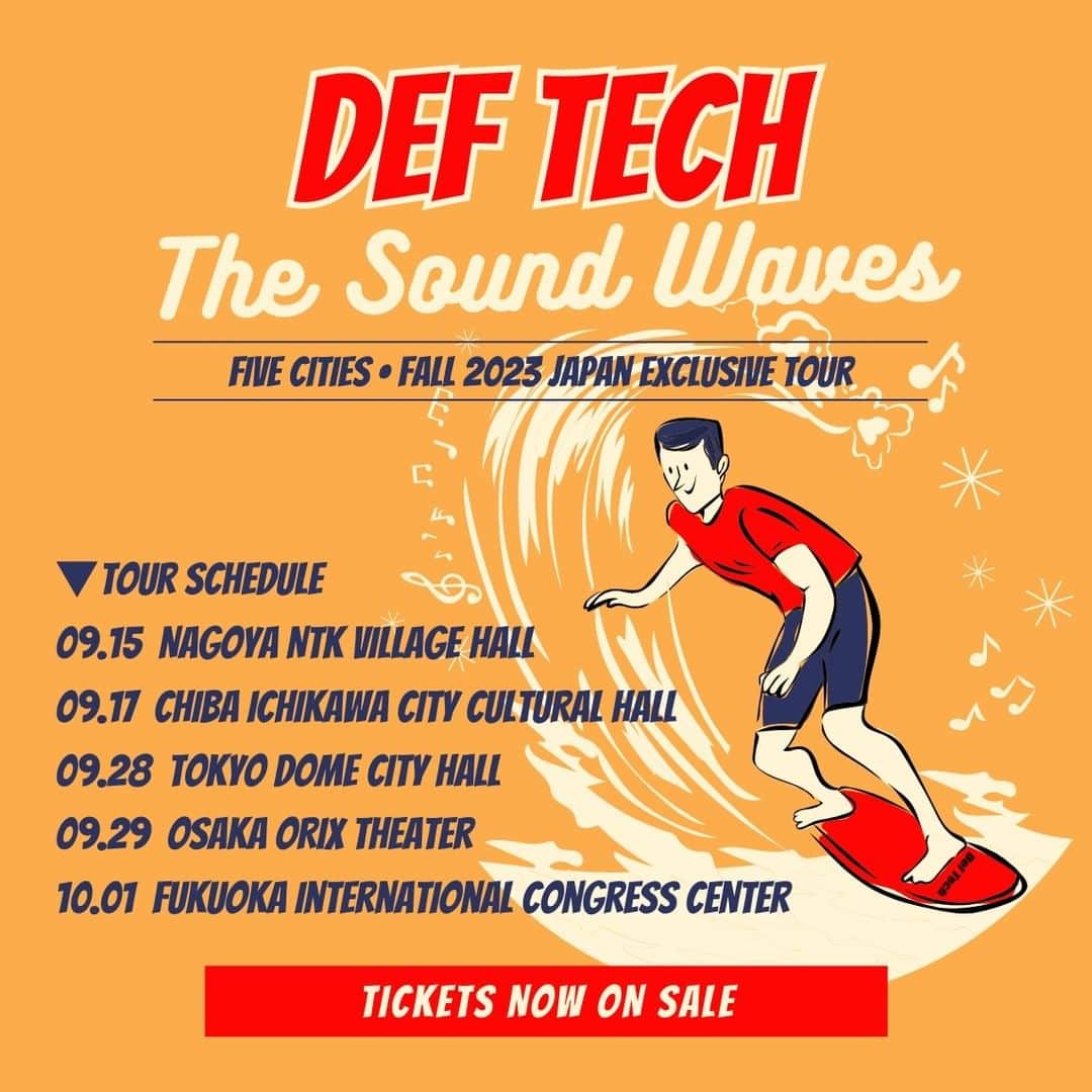 Def Techのインスタグラム：「◤ LIVE 情報解禁 ◢  #DefTech が贈る 秋の全国5都市ワンマンツアー The Sound Waves Tour 2023 開催決定🔥  Shen & Micro が奏でるハーモニーを体感して心揺さぶる音楽の波に包まれよう🌊🎶🏄🏻‍♂️  ▼Surf Club会員限定 チケット先行受付開始 詳細はコチラ https://deftech.jp/thesoundwavestour2023/  #DefTech The Sound Waves Tour 2023  ▼開催日程 9/15 (金) 名古屋 日本特殊陶業市民会館 ビレッジホール 9/17 (日) 千葉 市川市文化会館 大ホール 9/28 (木) 東京 TOKYO DOME CITY HALL 9/29 (金) 大阪 オリックス劇場 10/1 (日) 福岡 福岡国際会議場 メインホール  席種 / 全席指定 料金 / ¥7,700 (税込)  詳細はコチラ https://deftech.jp/thesoundwavestour2023/」