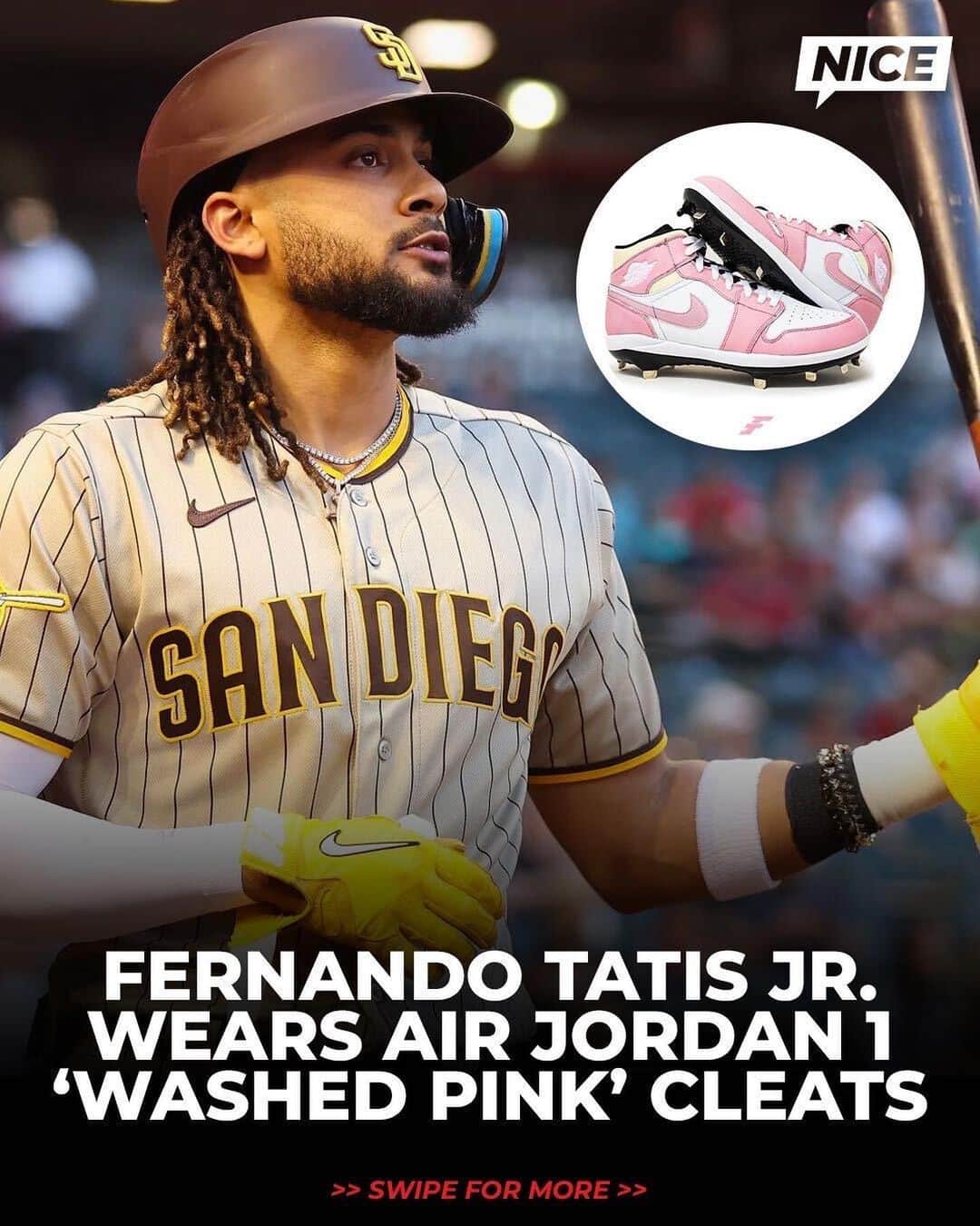 のインスタグラム：「@fernando_tatis21 made his long-awaited MLB return wearing “Washed Pink”-inspired custom Air Jordan 1 cleats 🔥  (via @xamplebrand / @stadiumcustomkicks)」
