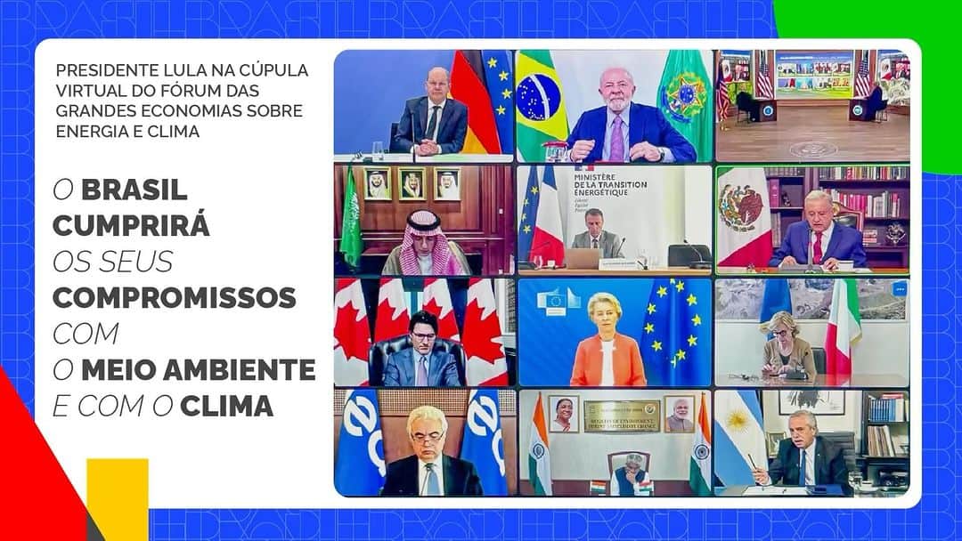 ジルマ・ルセフのインスタグラム：「O presidente @LulaOficial representou o @governodobrasil no Fórum virtual sobre Energia e Clima, que reuniu as principais economias do mundo.   “Precisamos de uma governança mais efetiva e legítima, que nos permita resgatar a solidariedade para o bem de toda a humanidade. Eu quero dizer para vocês que podem contar com o Brasil, que o Brasil cumprirá os seus compromissos com o meio ambiente e com o clima”, afirmou o presidente.   🎥 Audiovisual/PR」