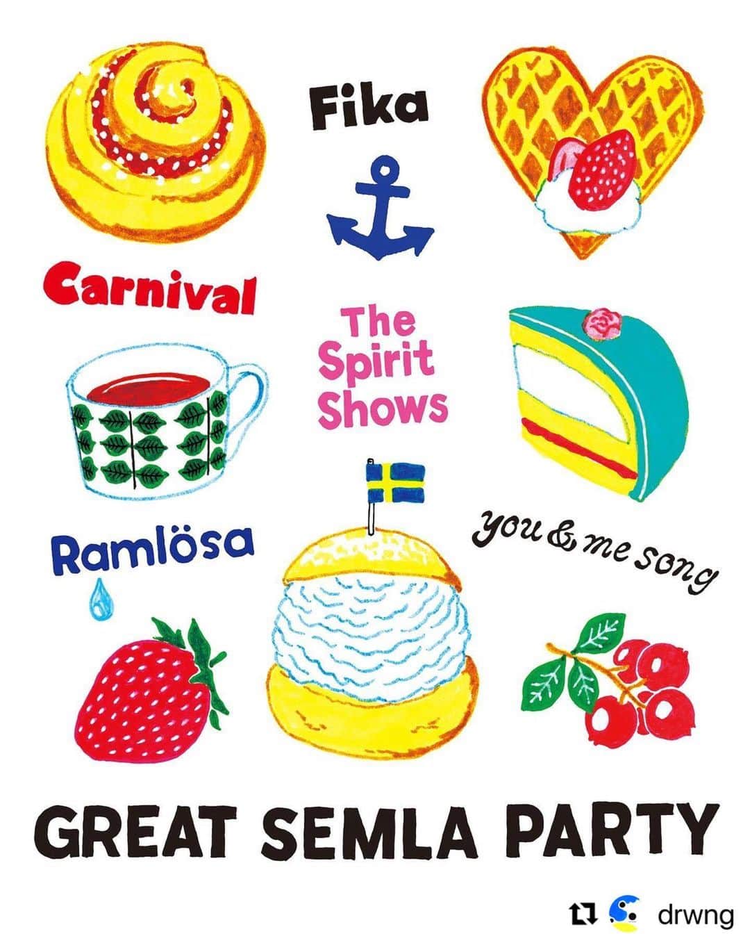 のインスタグラム：「GREAT SEMLA PARTYの物販(Tシャツ、トートバッグ、ポストカードセット)用のイラストを、Masatoo Hiranoくんに描いて頂きました✨❄️最高にキュート✨下書きの時点で、発狂しそうなくらい嬉しくなりました！！このポスターも欲しいなぁ。大きなサイズで。スウェーデンの洒落たカフェに普通に貼ってありそうイメージ🇸🇪✨まさとおくん、今回もありがとうございました！大感謝です🌈  #Repost @drwng with @use.repost ・・・ illustration for @hideki_kaji merchandise!」