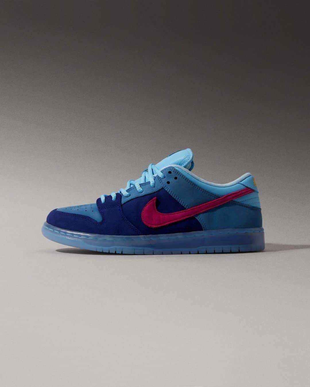 Flight Clubのインスタグラム：「Run them jewels, fast. Nike's hip-hop ties endure with the Run The Jewels x Dunk Low SB '4/20.' Inspired by the incisive rap duo's fourth studio album RTJ4, the low-top pairs a royal blue suede upper with a vibrant hot pink Swoosh.」