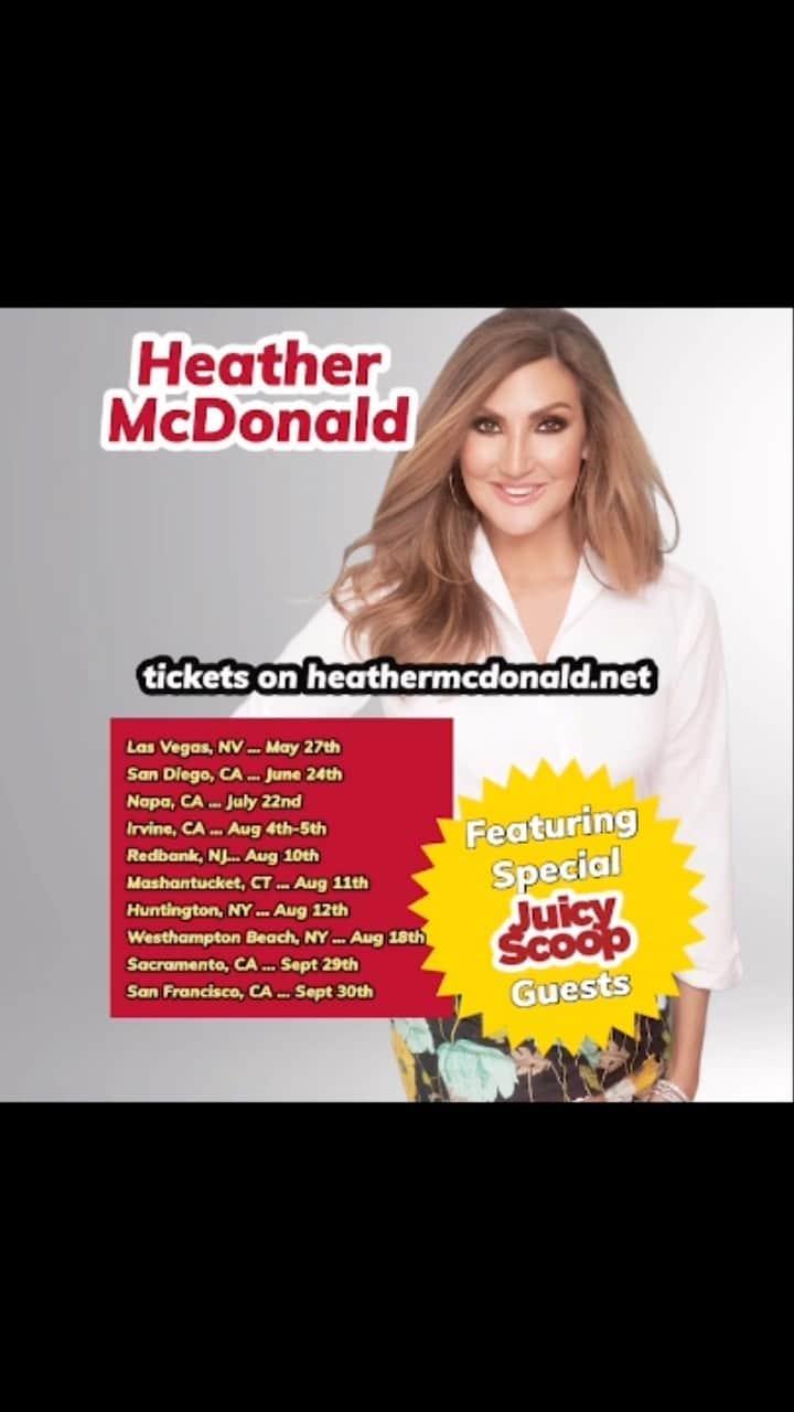 ヘザー・マクドナルドのインスタグラム：「Get tickets now! Heathermcdonald.net to see me this summer in your city! #JuicyScoop #comedy #tour #popculture #celebrity #hollywood」