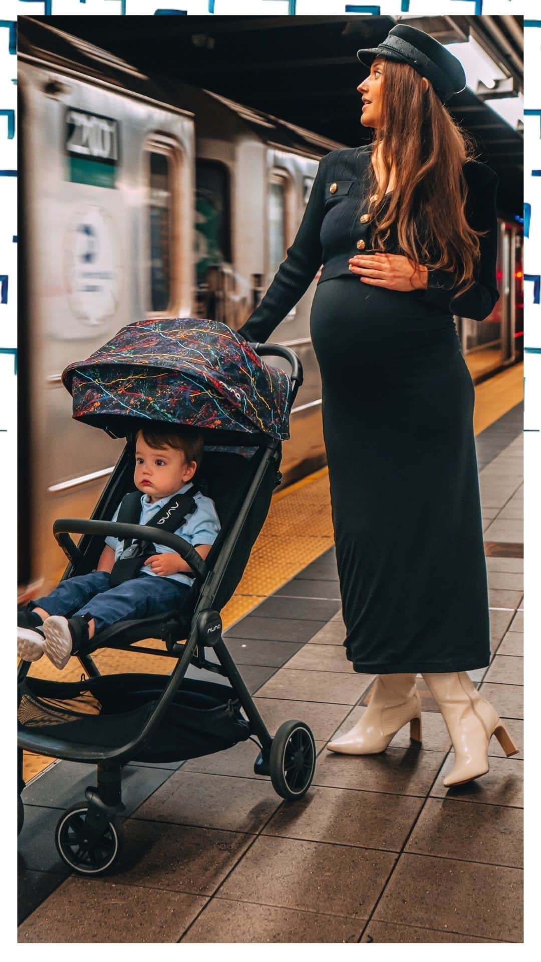 nunaのインスタグラム：「Add the perfect pop of color to your strolls with baby 🌈  Shout out to @khemric for this gorgeous moment of her and baby going out for a walk 💗  P.S. Who else thinks she is absolutely ROCKING the Georgette collection 🙌」