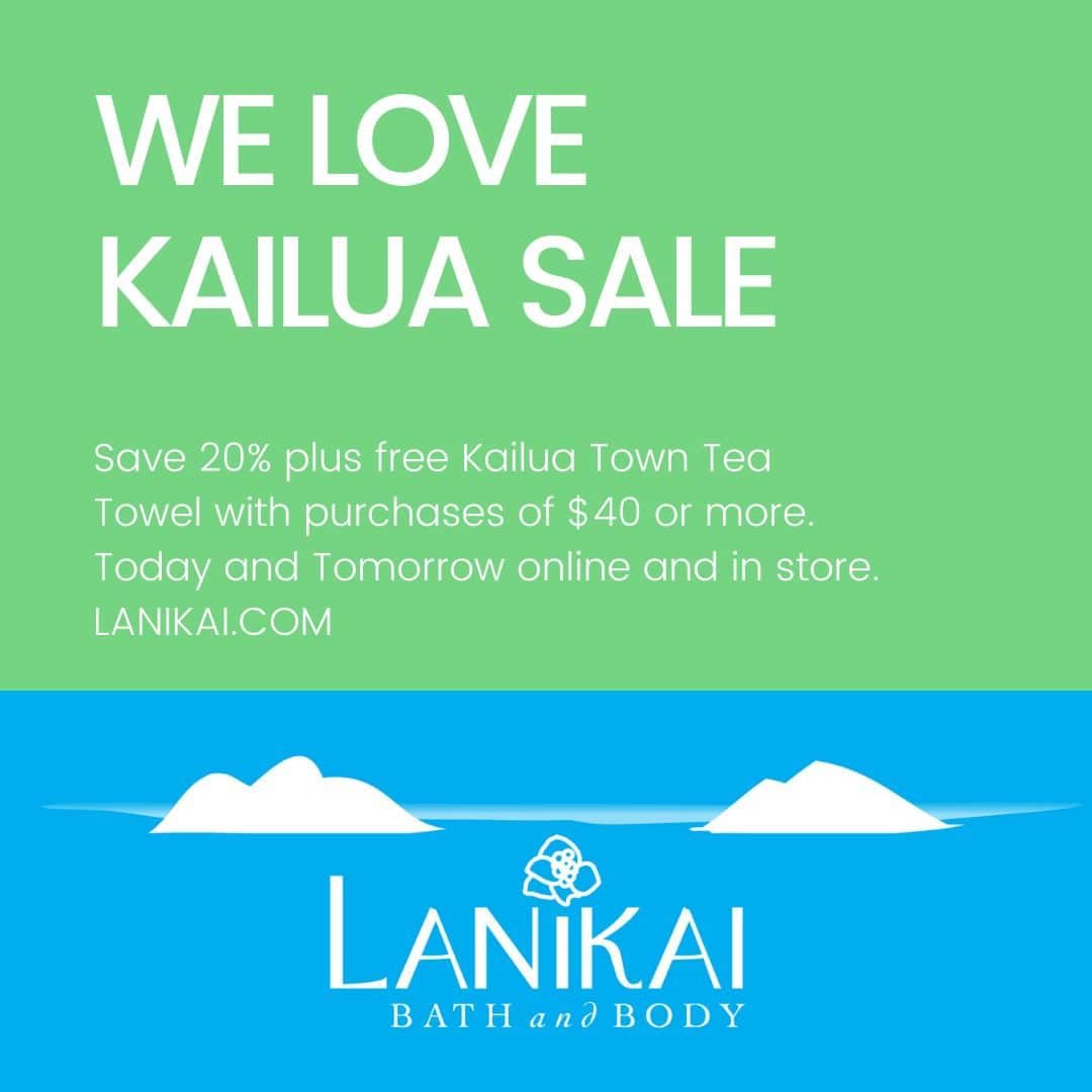 Lanikai Bath and Bodyのインスタグラム：「Shop for your Lanikai favorites and save 20% storewide both in Kailua and online at LANIKAI.com. And you'll also receive a free Kailua Town tea towel with any purchase of $40 or more (after discounts and before shipping costs). Ends midnight Sunday. Happy shopping! 🛍️🌺#WeLoveKailua #LanikaiFavorites #KailuaTown #HawaiiShopping #ShopLocalHawaii #OnlineShopping #KailuaSale #LanikaiSale #ShopSmall #SupportLocal #KailuaBeach #IslandLife #HawaiiLife」