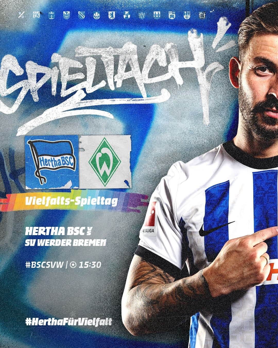 ヘルタ・ベルリンのインスタグラム：「Wir Herthaner! 💙✊  🆚 @werderbremen  📍 @olympiastadionberlin  ⏰ 15:30 Uhr 📺 @skysportde . . #BSCSVW #HaHoHe #HerthaBSC」