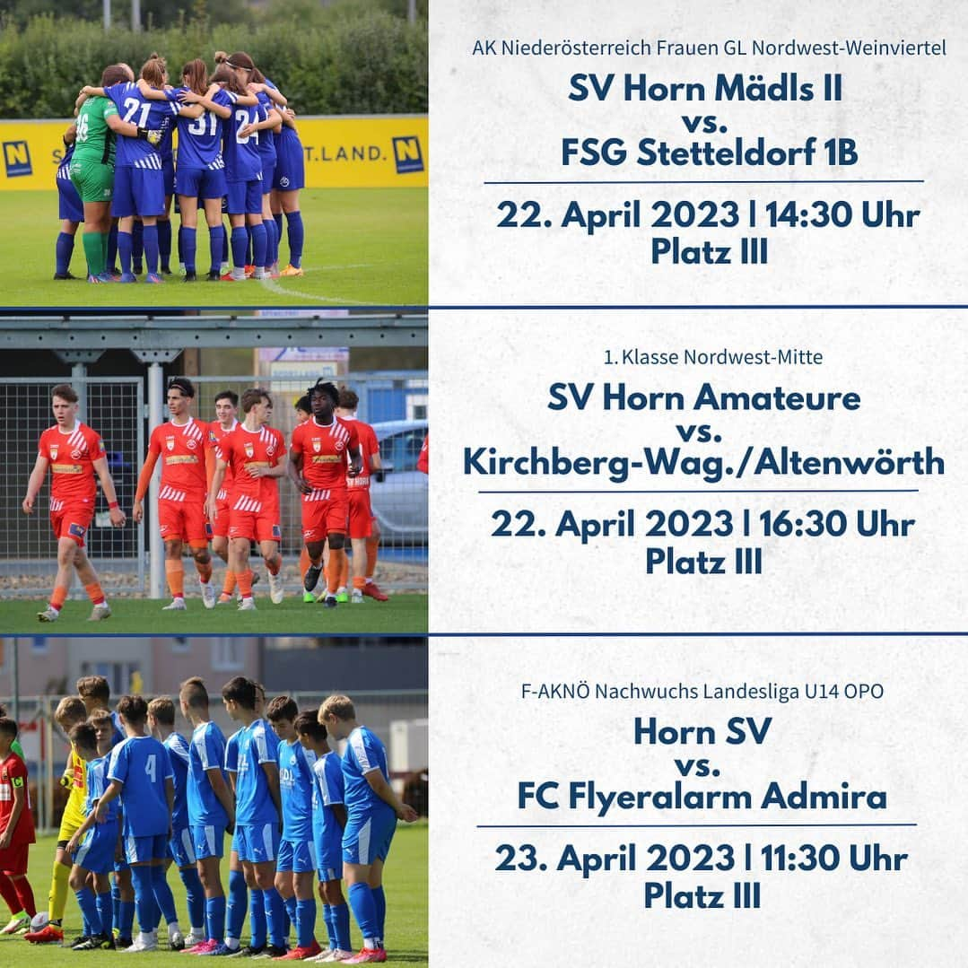 SVホルンのインスタグラム：「Die Heimspiele unserer Mannschaften 🔛💪🏼   Das Wetter könnte nicht besser sein, kommt am Platz und feuert unsere Teams an.✊🏼  #heimspiele #svhornfamilie #aufgehts #perfektesvideo #atraum #weekendvibes #anfeuern #soccergirls #motivation #9punkte #bepartofit」