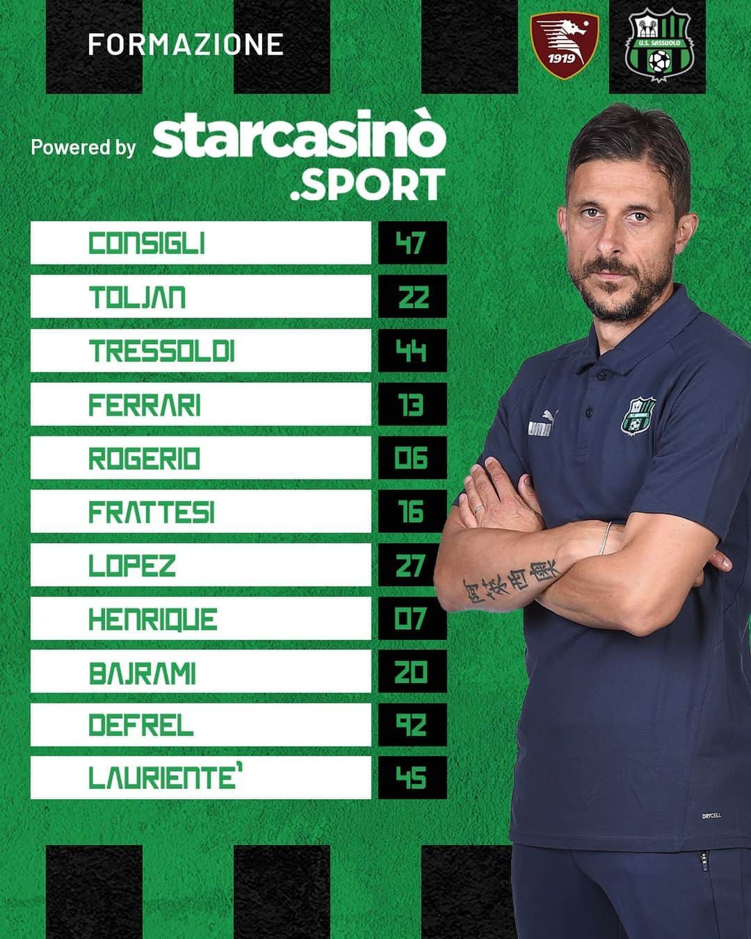 USサッスオーロ・カルチョのインスタグラム：「L’1⃣1⃣ iniziale di #SalernitanaSassuolo👇 Powered by @starcasino.sport   Forza ragazziiiiiiiiiiiiiiiiii!!! 🖤💚🖤💚  #ForzaSasol #IlNuovoModoDiVivereIlSassuolo #VinciPremiConStarCasinòSport」