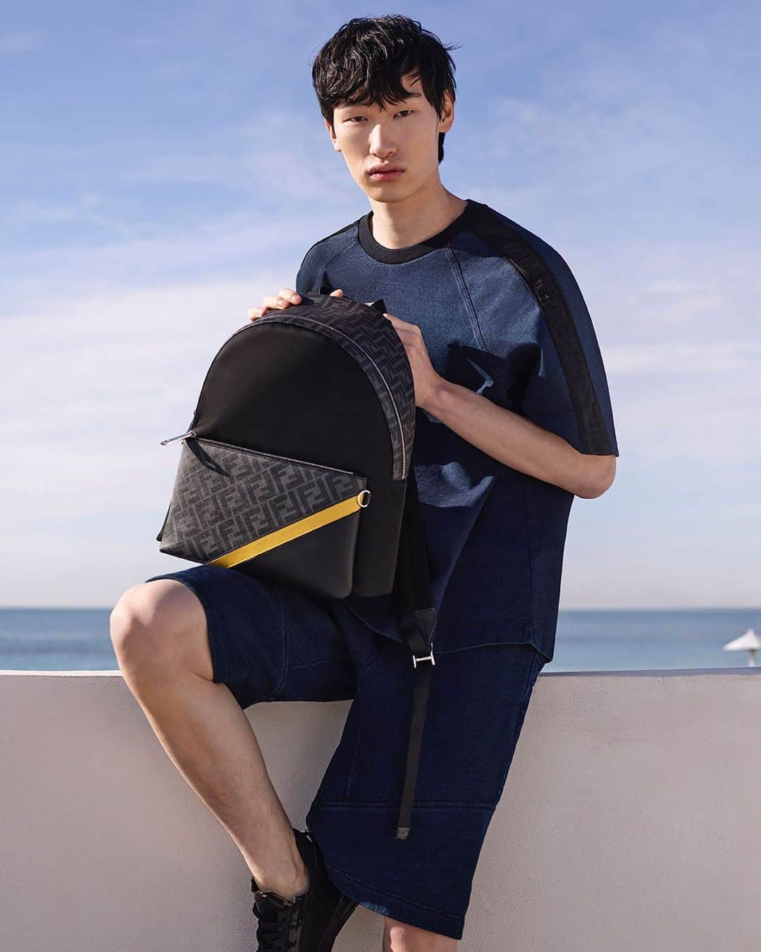 のインスタグラム：「Full force. Fendi Diagonal accessories amplify the heritage FF motif.  Artistic Director of Accessories and Menswear: @silviaventurinifendi  Artistic Director of Jewelry: @delfinadelettrez   Photography: @brunostaub  Styling: @ganio Makeup: @samiamohsein Hair: @ramoneyluv  Casting: @piergiorgio  Model: Jeong June」