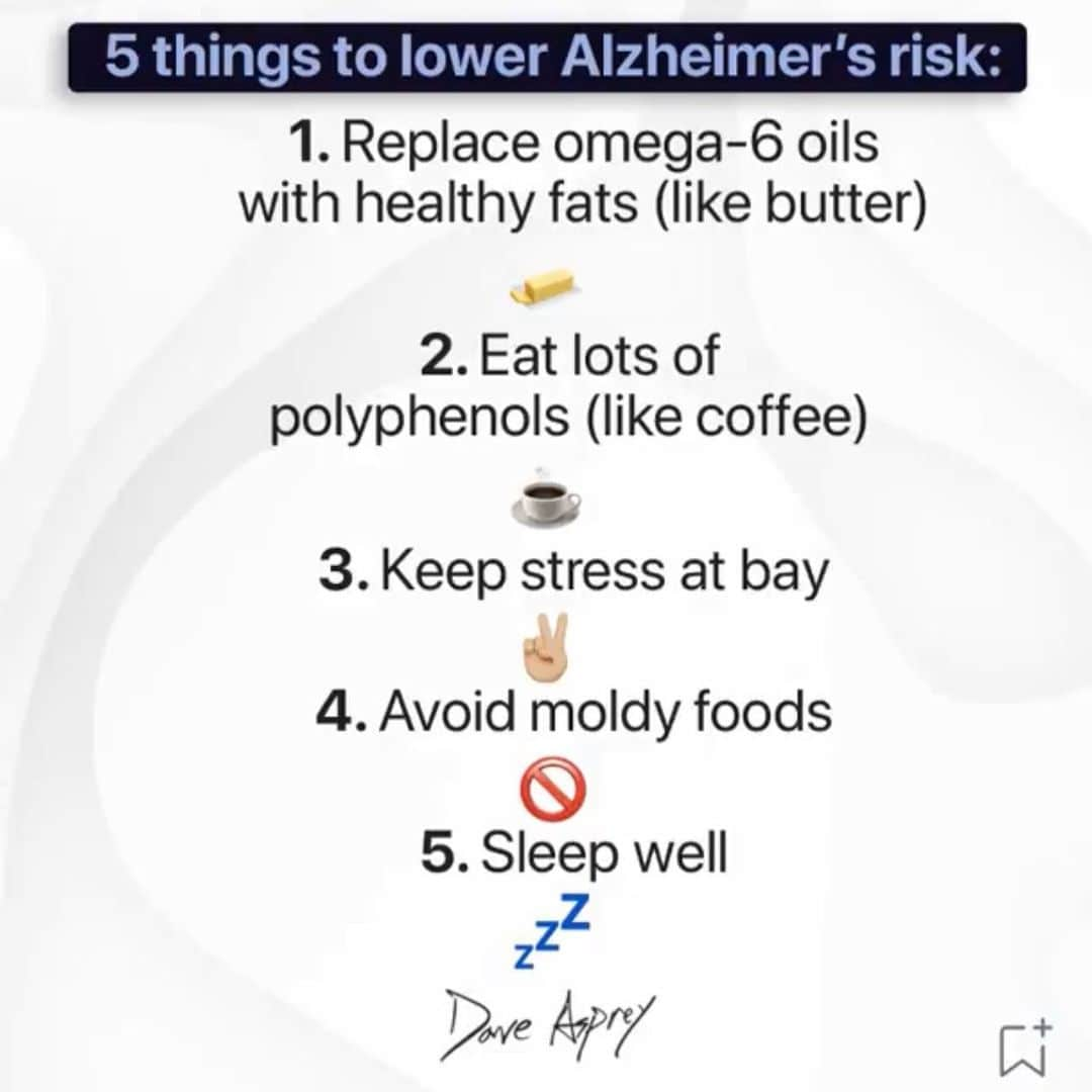 デイヴ・アスプリーさんのインスタグラム写真 - (デイヴ・アスプリーInstagram)「Alzheimer’s disease is not a normal part of aging.   It’s likely caused by brain inflammation that damages the cells in your brain. In my book, Super Human, I talk about Alzheimer’s as one of the “four killers” and how most people are diagnosed with Alzheimer’s 20 years after the disease process has already begun. This means that even if you’re not in your 60s, it’s a good idea to start taking action to prevent brain inflammation.   Here are five easy ways to lower inflammation in your brain to slash your risk of getting Alzheimer’s and beat cognitive decline.  #Bulletproofdiet #Biohacking #Biohacker #Biohacked #Daveasprey #Alzheimers #Tips」4月22日 21時39分 - dave.asprey