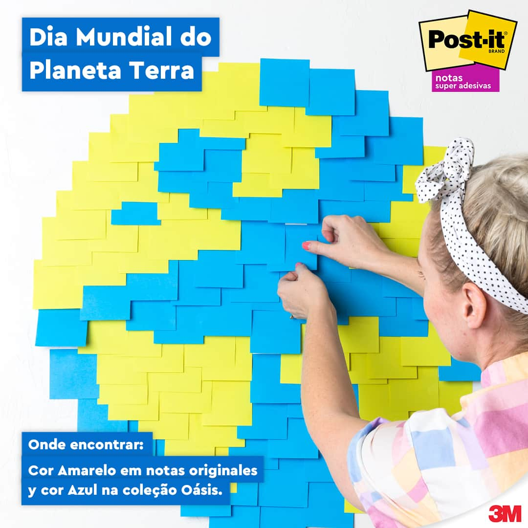 Post-it Brasilのインスタグラム：「Vamos comemorar este #DiaMundialDoPlanetaTerra espalhando conscientização e ações para cuidar do nosso planeta. Você Sabia que o adesivo das Notas Post-it® Super Adesivas são de origem vegetal*?  *67% de material vegetal em peso. Certificado SFI BV-SFICOC-US-08000642-1」