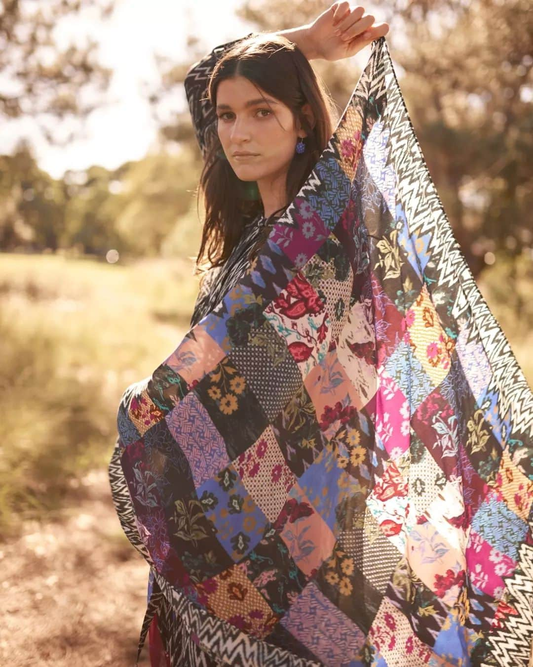 ミーガンパークのインスタグラム：「🌾 Wrap yourself in a patchwork daydream this season with Megan Park's signature MALIA patch print, reworked from Megan's personal archive of Japanese textiles」