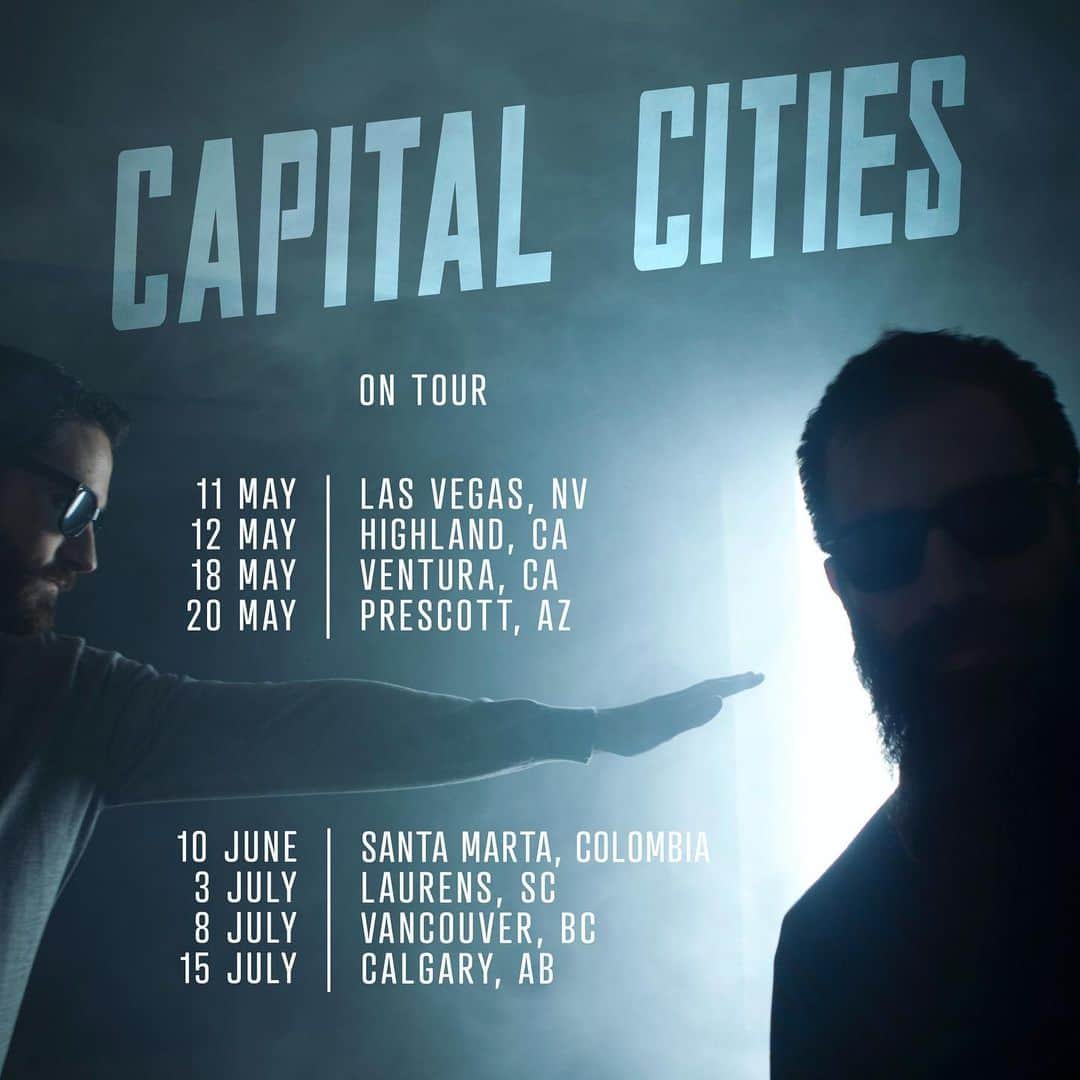 キャピタル・シティーズのインスタグラム：「Capital Cities tour dates… May 11 • Las Vegas, NV May 12 • Highland, CA May 18 • Ventura, CA May 20 • Prescott, AZ June 10 • Santa Marta, Colombia July 3 • Laurens, SC July 8 • Vancouver, BC July 15 • Calgary, AB —> capitalcities.com」