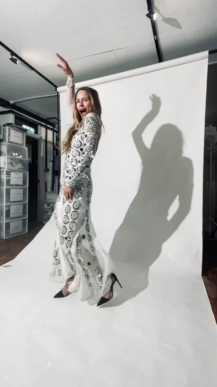 アリスバイテンパリーのインスタグラム：「Our MIRROR BALL dress. 🪩 Made with 1000’s of hand cut mirrors.  Made to order and can be  worn with or without it’s lining 🔥🕶️   I originally made it for one of my summer parties about 7 years ago, it’s a beauty 🪩  Here via my phone on our insanely fun Somerset muse @tine_stapelfeldt _ more to come x  @temperleybridal @temperleylondon # we only live once ❤️  Sophiec@temperleylondon.com will take 2 months to make x」