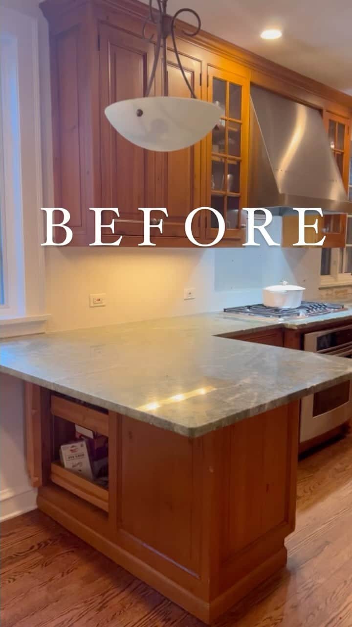 Anna Jane Wisniewskiのインスタグラム：「I just realized I haven’t shown the full before and after of my kitchen facelift! It was a lot of steps but I’m so glad we did it (meant to do it back in 2020 and finally decided to be my own contractor). Here’s what I did and in what order: 1.) new countertops (quartz Carrara color) 2.) new backsplash (Ivy Hill subway tile from Home Depot) 3.) painted kitchen cabinets BM White Dove with Rejuvenation hardware  4.) Tore out cabinet desk area that didn’t do anything except let me pile junk on it and also took out a built-in hutch 5.) Carpenter built and installed new built-ins for broom storage (and more) and a new hutch for China, a coffee station, and more pantry space.   FINALLY!  #kitchenupdate #beforeandafterkitchen #thisoldhouse」