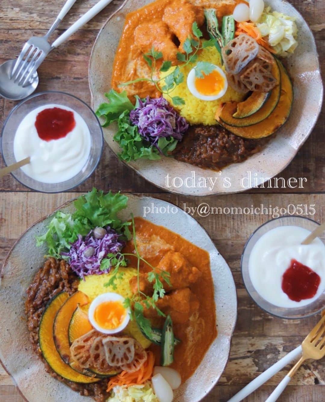 YASUKO TAKESUEのインスタグラム：「. こんばんは☺️💕. 今日の晩ごはん . . ⭐️バターチキンカレーとキーマカレーのあいがけ ⭐️ヨーグルト . . .  #晩ごはん#晩御飯#晩ご飯#夜ごはん#よるごはん#夕食#おうちご飯#うちご飯#おうちご飯lover#おうちご飯記録#食卓#手料理#手作りご飯#料理写真#器好き#器集め#献立#家庭料理#food#foodpic#foodstagram#foodphotography#followme#instagood」