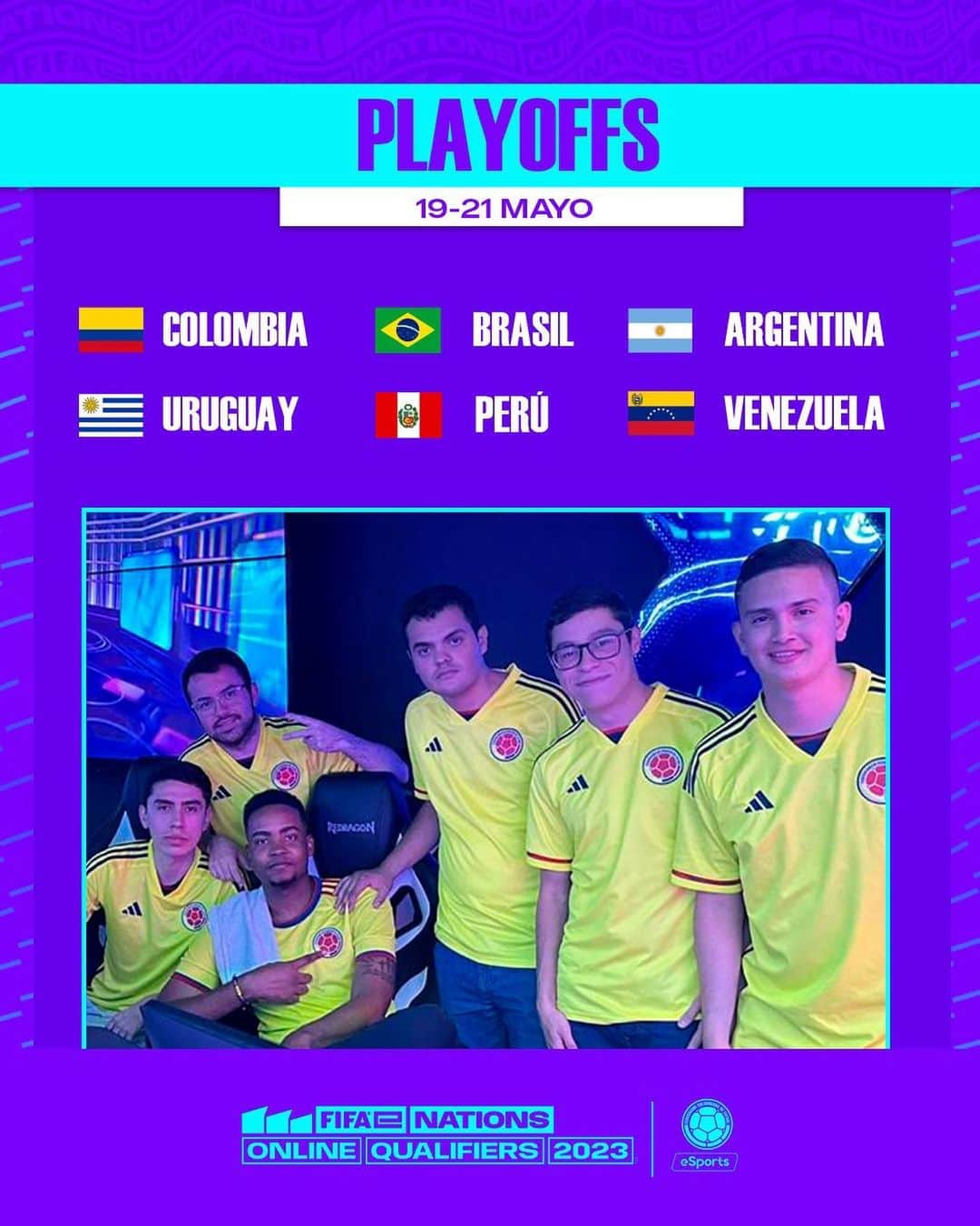 サッカー コロンビア代表チームのインスタグラム：「🎮 ¡𝐃𝐞𝐟𝐢𝐧𝐢𝐝𝐨𝐬 𝐥𝐨𝐬 𝐏𝐥𝐚𝐲𝐨𝐟𝐟𝐬!  Nuestra eSelección Colombia disputará del 19 al 21 de mayo el hexagonal que repatirá 3 cupos a la FIFAe Nations Cup 2023™️.   #TodosSomosColombia 🇨🇴」