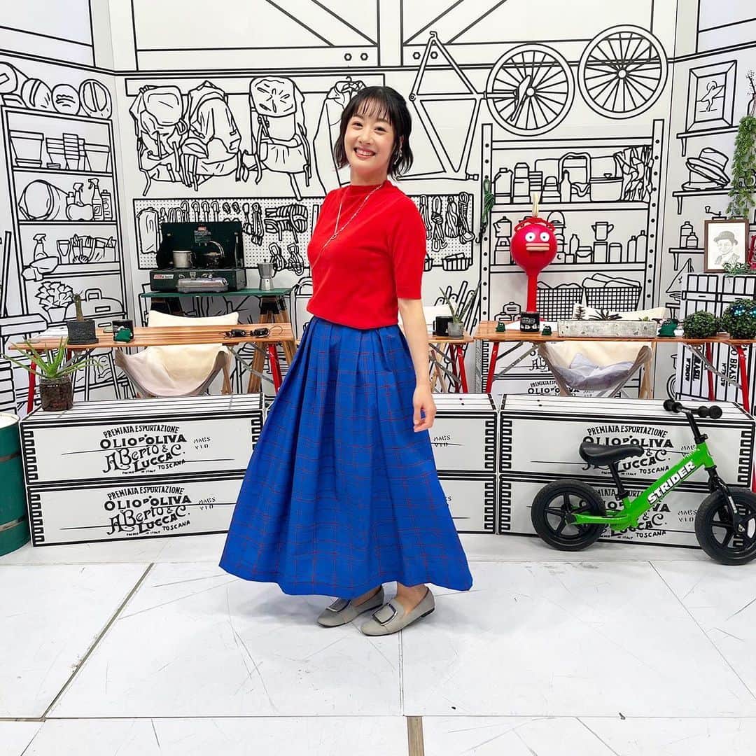 川島恵のインスタグラム：「衣装備忘録！4月15(土)は、真っ赤な色が目を引くニット半袖に手書き風のチェック柄がオシャレなコーデでした👚ふんわりしたスカートのボリュームも可愛いですね❤️ ・ #どようだよ #つづくさんのどようだよ #衣装 #番組衣装 #アナウンサー衣装 #衣装備忘録 #スカート #ニット #チェック柄コーデ #半袖ニット」