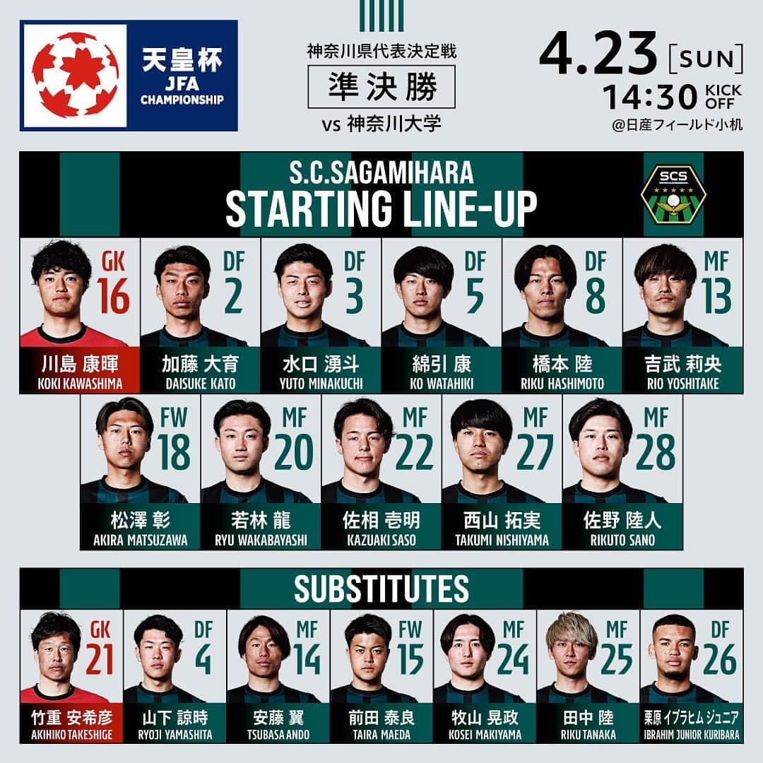 SC相模原さんのインスタグラム写真 - (SC相模原Instagram)「🗒l Today's starting11   👑天皇杯予選神奈川県代表決定戦準決勝 2023.4.23.sun vs #神奈川大学 🕔14:30kickoff 🏟️日産フィールド小机  #SC相模原 || #SCS」4月23日 13時28分 - s.c.sagamihara_players