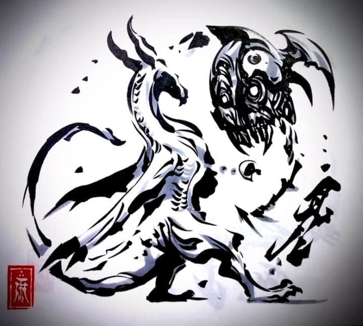 雨宮慶太のインスタグラム：「75。対決ではなく対話。#動く筆練習 #ライブドローイング　#dragon #monster  #sketch #japan  #creature  #fairy  #drawing  #illustration」
