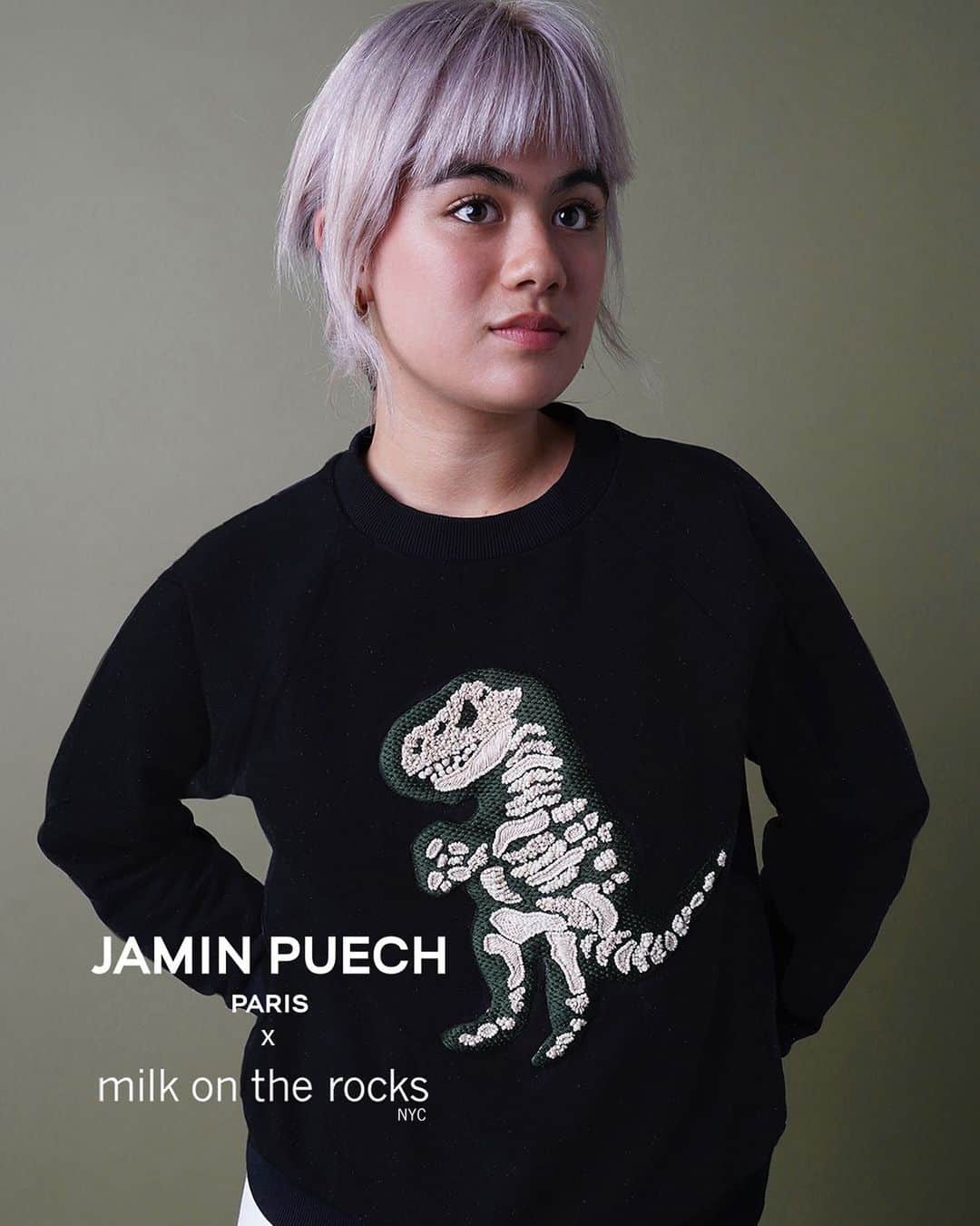 ジャマンピュエッシュのインスタグラム：「Limited edition hand-embroidered Dino Sweatshirt - available exclusively in Jamin Puech stores and in Milk on the Rock store & website.   Milk on the Rocks  7 rue de Mézières, 75006, Paris  https://www.milkontherocks.net  #jaminpuech #milkontherocks #sweatshirt #fashioncollaboration #dinosweatshirt」