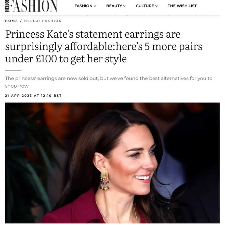 アズニのインスタグラム：「Proud to be featured by @hellomag online in their recent feature about statement gold earrings - and as a brand favoured by #princessofwales 🙌🏻  Thank you to @laurenjramsay @hellofashion_uk for finding and choosing Azuni London 🙏🏼😍  #hrhduchessofcambridge #duchessofcambridge #katemiddletonstyle #katestyle #katescloset @katesclosetau #katesclosetau @katemiddleton_fashion @katemcambridge @life.of.a.future.queen @katemiddleton_fashion」