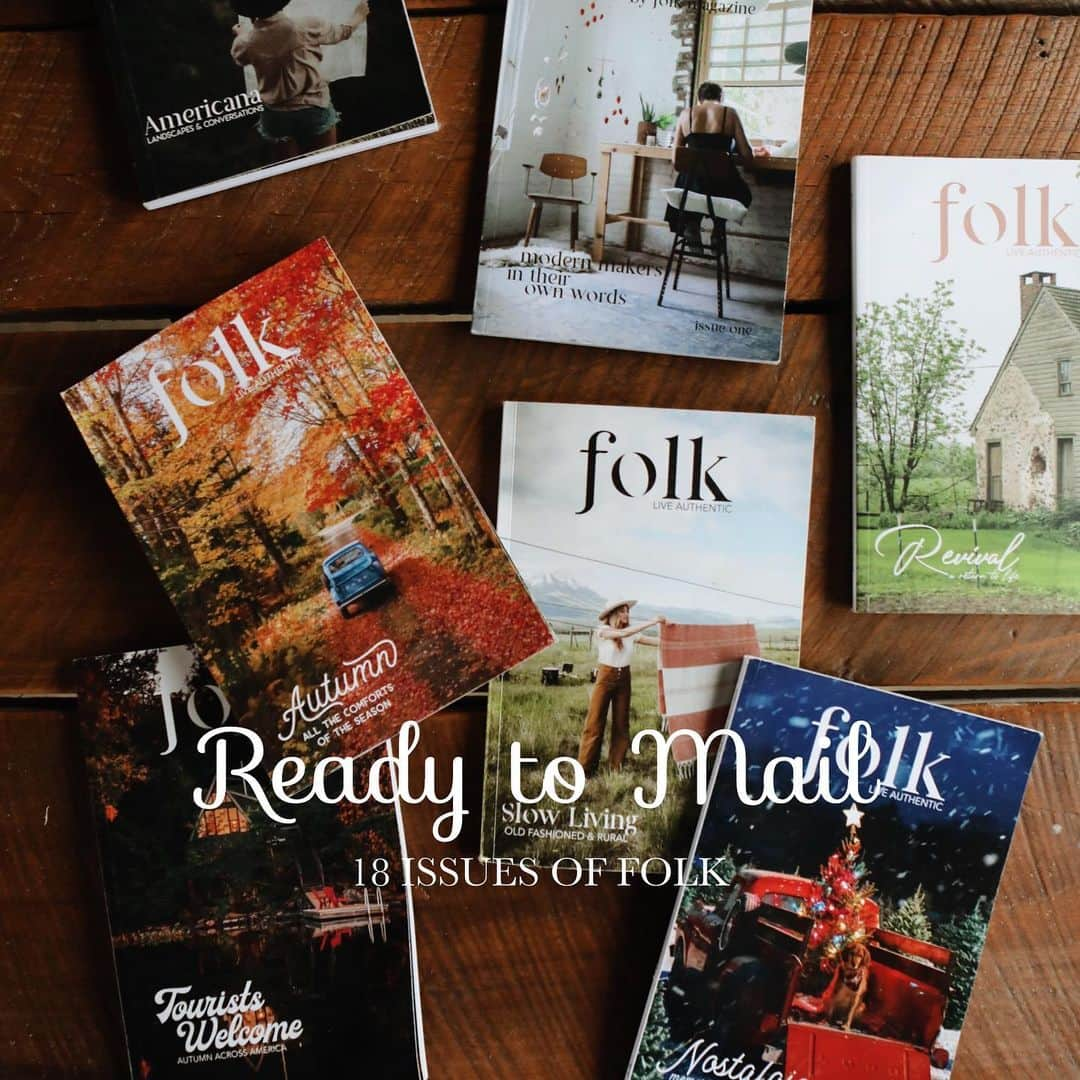 FOLKのインスタグラム：「READY TO MAIL! back in December I started reformatting 18 of FOLK’s print issues to be able to be printed by our current printer. They’re finally complete and ready! Each day this week I’ll be sharing previews from each of the 18 issues. #shopsmall #americanmade」