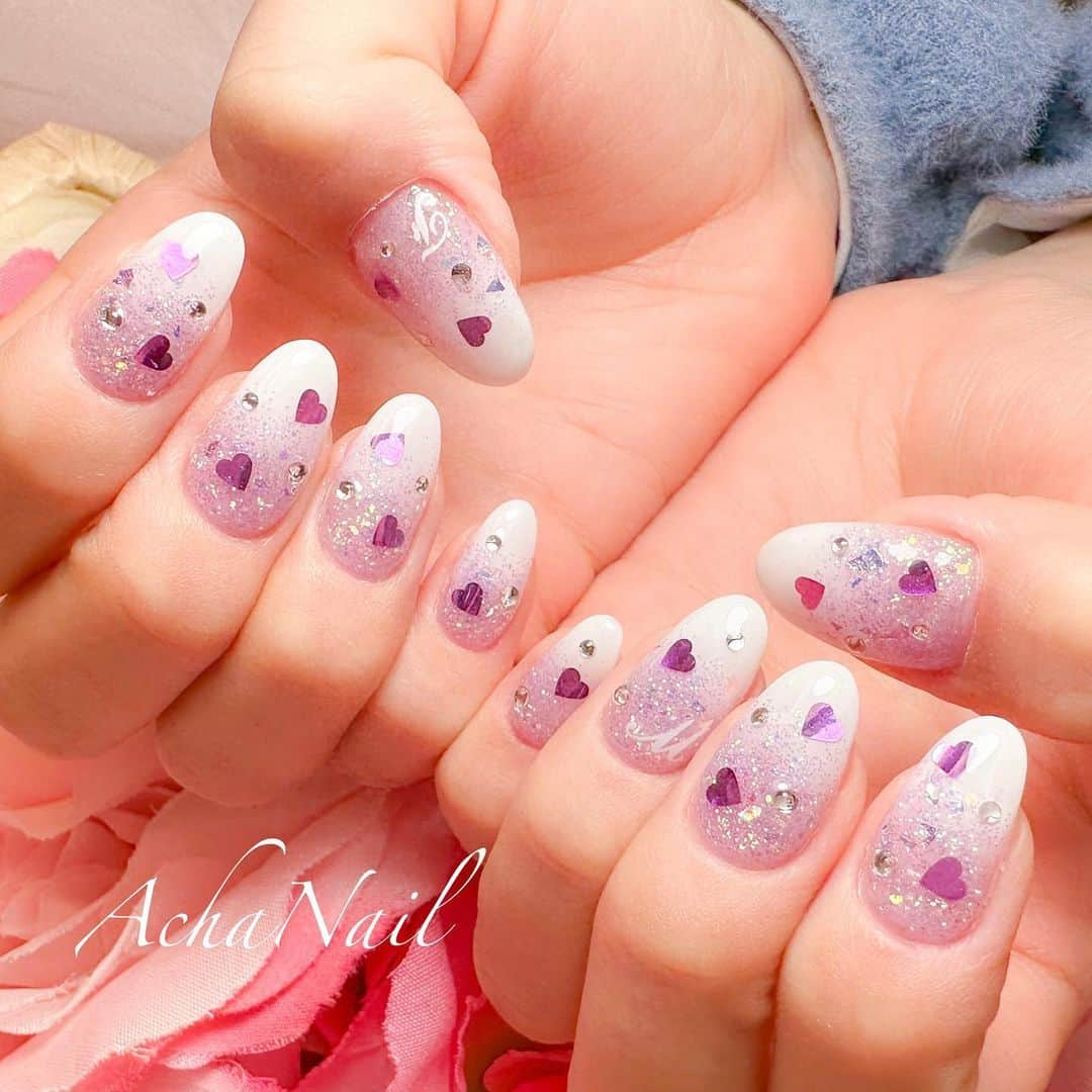 AchaNailさんのインスタグラム写真 - (AchaNailInstagram)「紫ホロラメグラデーション💜 ⁡ https://ameblo.jp/acha-nail/entry-12799947033.html ⁡ #推し活 #推し活ネイル #パープル #紫 #紫ネイル #ハートネイル #グラデーションネイル #ラメグラデーション #キラキラネイル #ネイル #ジェルネイル #フィルイン #フィルイン導入サロン #南池袋 #池袋 #池袋ネイルサロン #ネイルデザイン #量産型ネイル #量産型女子 #Nails #AchaNail #NailStagram #InstaNails #Nailart #JapaneseNailart #NailDesign #Gelnails #kawaii #네일 #日式美甲」4月23日 23時31分 - achanail