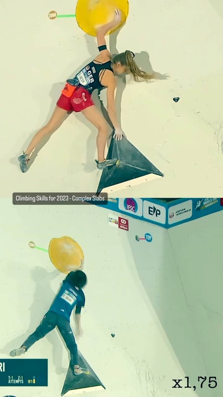 ウド・ノイマンのインスタグラム：「Climbing Skills for 2023 - navigating complex slabs as W1 in the semis of the #ifscboulderworldcup 2023 in Hachioji, only climbed by Ai Mori and Hannah Meul (her video by @martin_schlageter ) #climbingcoacheseye #climbingtechniqueofthe21stcentury #climbingperformancecoaching #bouldering  #boulderingcomp」