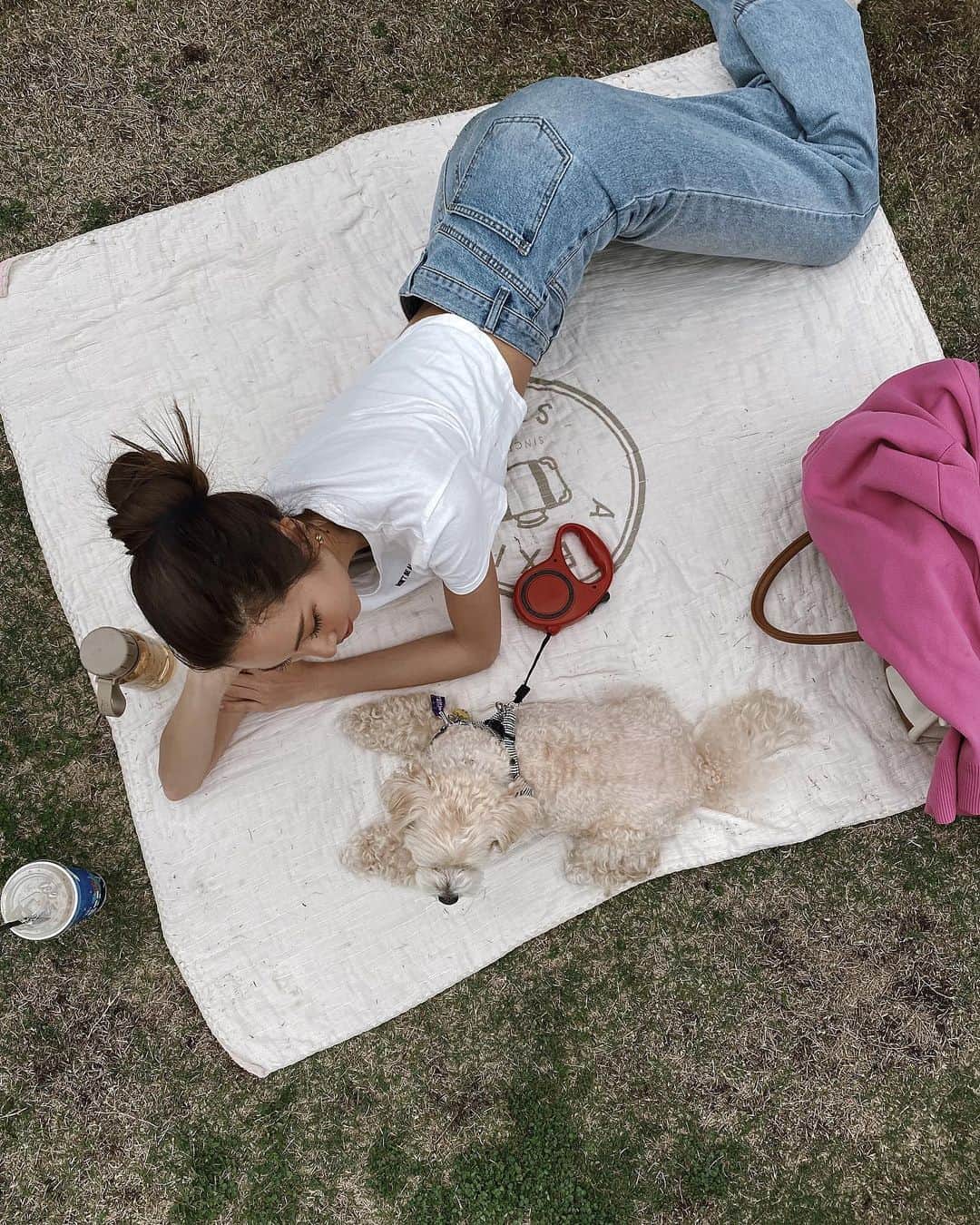 浜田咲希のインスタグラム：「かわいいかわいい愛おし坊や🧸 ラティがしあわせなら それが全て💛 癒しと安らぎをいつもありがとう😚 &おねえもいつも そばに居てくれてありがとう💓 ピクニックが出来る季節到来🙌🏽🌸  #picnic#park#tokyo#dog#love#familytime#slowlife#sisters#alexiastam#beachmat#sunday」