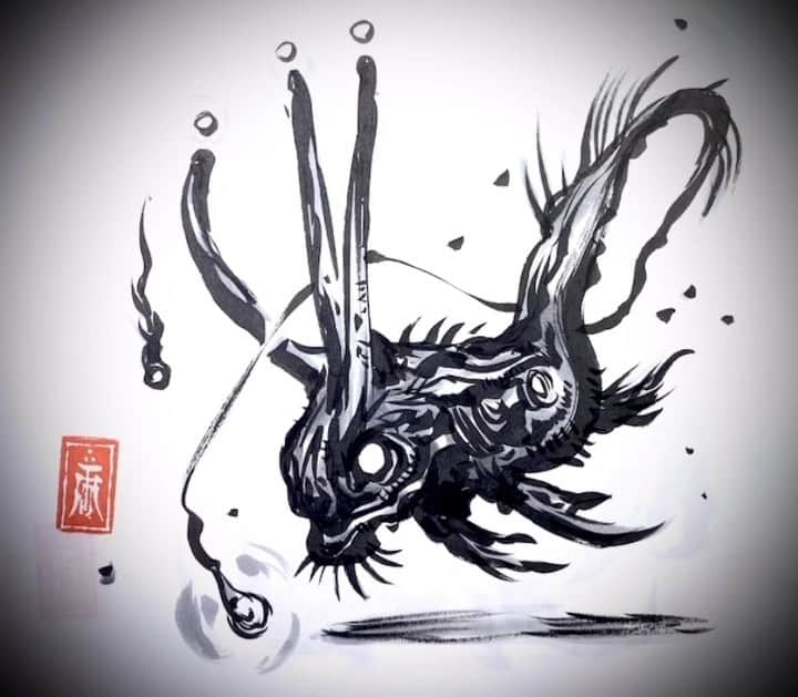 雨宮慶太のインスタグラム：「76。災い喰らう三点光魚。#動く筆練習 #ライブドローイング　#dragon #monster  #sketch #japan  #creature  #fairy  #drawing  #illustration」