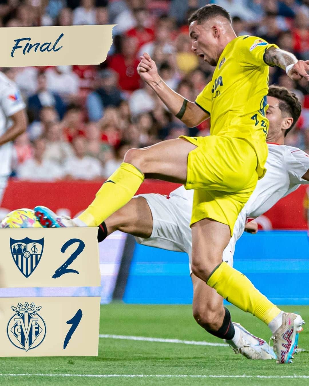 ビジャレアルCFのインスタグラム：「Derrota del Villarreal en el Ramón Sánchez-Pizjuán (2-1). El Submarino encajó en el último suspiro un tanto que le costó un punto en Sevilla.   El gol amarillo lo anotó @pauttorres.  Defeat for Villarreal at the Ramón Sánchez-Pizjuán (2-1). The Submarine conceded late on, which cost them a point in Seville.  The Yellows' goal was scored by @pauttorres.  #SevillaFCVillarreal」