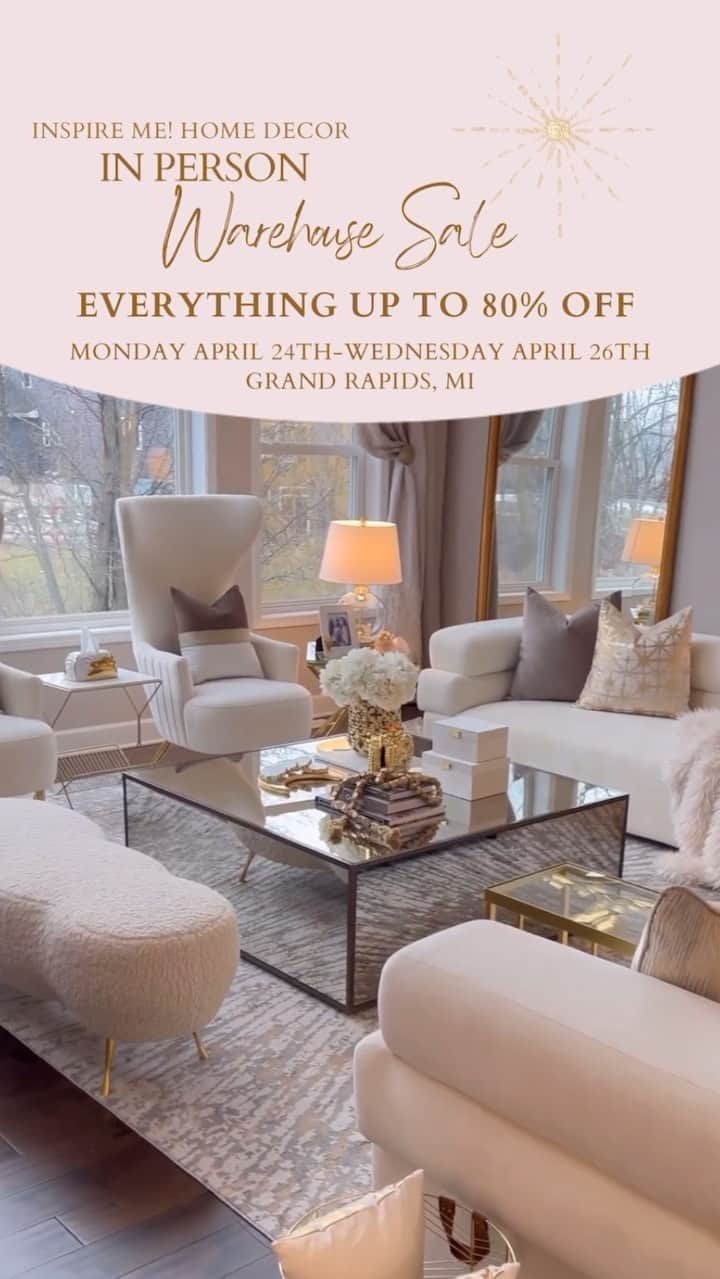 のインスタグラム：「Join us Tomorrow, Tuesday & Wednesday from 11AM-5PM EST at 5333 33rd Street Se Suite C, Grand Rapids, MI 49512 for Up to 80% Off EVERYTHING🤍 We will be at our IMHD Headquarters so excited to meet you!! Don’t miss these amazing deals, they will only continue while supplies last! Sale ends Wednesday April 26th at 5PM EST  In the meantime, shop inspiremehomedecor.com link in bio!」