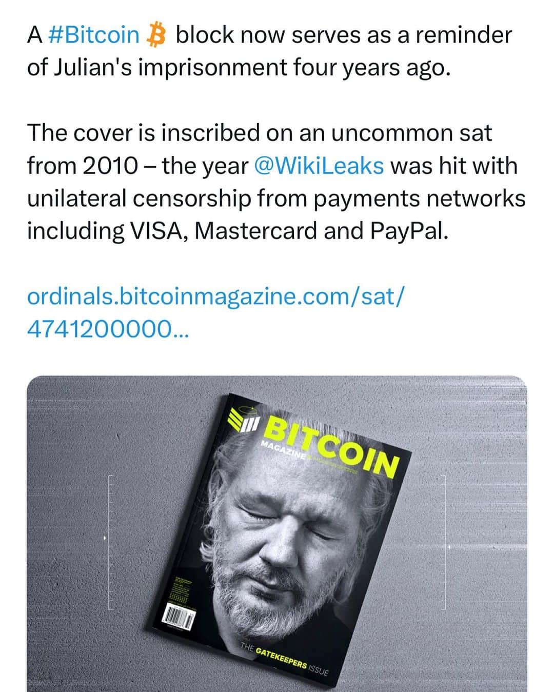 WikiLeaksさんのインスタグラム写真 - (WikiLeaksInstagram)「Bitcoin Magazine @bitcoinmagazine inscribes image of WikiLeaks founder Julian Assange on the #Bitcoin  blockchain in a show of support for the publisher, detained in one form or another for over 12 years and facing extradition to the US and a 175 year sentence for publishing @BitcoinMagazine #FreeAssangeNOW」4月24日 8時12分 - wikileaks