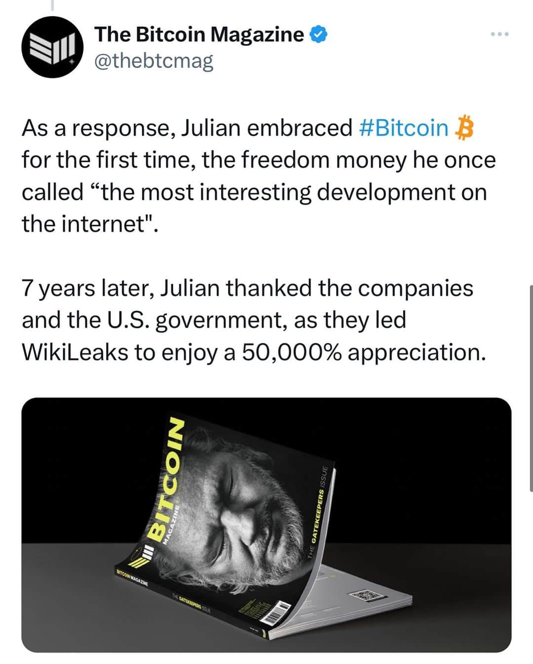 WikiLeaksさんのインスタグラム写真 - (WikiLeaksInstagram)「Bitcoin Magazine @bitcoinmagazine inscribes image of WikiLeaks founder Julian Assange on the #Bitcoin  blockchain in a show of support for the publisher, detained in one form or another for over 12 years and facing extradition to the US and a 175 year sentence for publishing @BitcoinMagazine #FreeAssangeNOW」4月24日 8時12分 - wikileaks