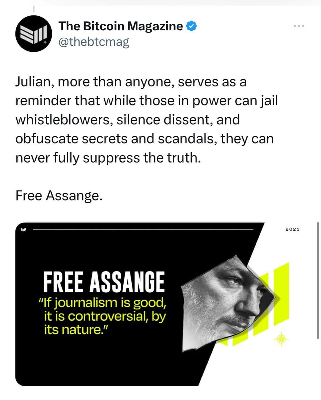 WikiLeaksさんのインスタグラム写真 - (WikiLeaksInstagram)「Bitcoin Magazine @bitcoinmagazine inscribes image of WikiLeaks founder Julian Assange on the #Bitcoin  blockchain in a show of support for the publisher, detained in one form or another for over 12 years and facing extradition to the US and a 175 year sentence for publishing @BitcoinMagazine #FreeAssangeNOW」4月24日 8時12分 - wikileaks