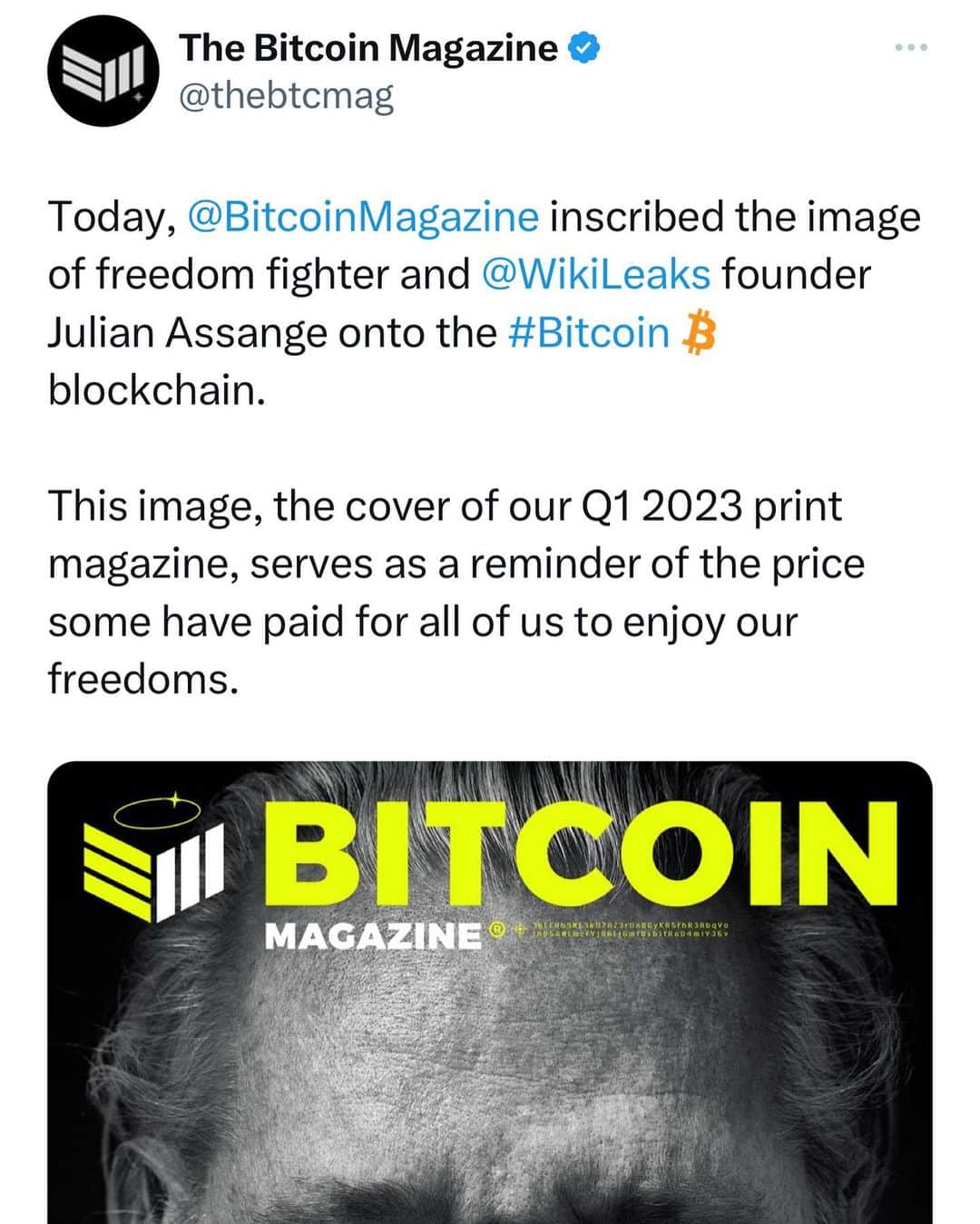 WikiLeaksのインスタグラム：「Bitcoin Magazine @bitcoinmagazine inscribes image of WikiLeaks founder Julian Assange on the #Bitcoin  blockchain in a show of support for the publisher, detained in one form or another for over 12 years and facing extradition to the US and a 175 year sentence for publishing @BitcoinMagazine #FreeAssangeNOW」
