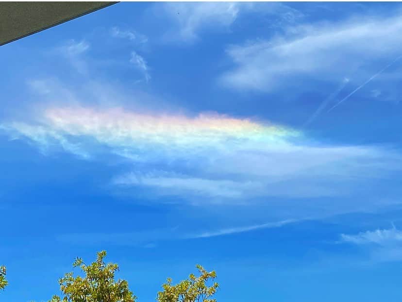 平子理沙のインスタグラム：「朝起きて青空を見たら、大きな虹色の雲を発見🌈！！ とっても不思議な雲でした。 どんな現象なのでしょうか？🤔 まるでユニコーンが虹色の雲から飛び出してきそうだったよ😆🌈🦄💕❣️❣️❣️ #虹色の雲#彩雲#rainbowcloud#LA#lifestyle#fashion#beauty#risahirako#平子理沙」