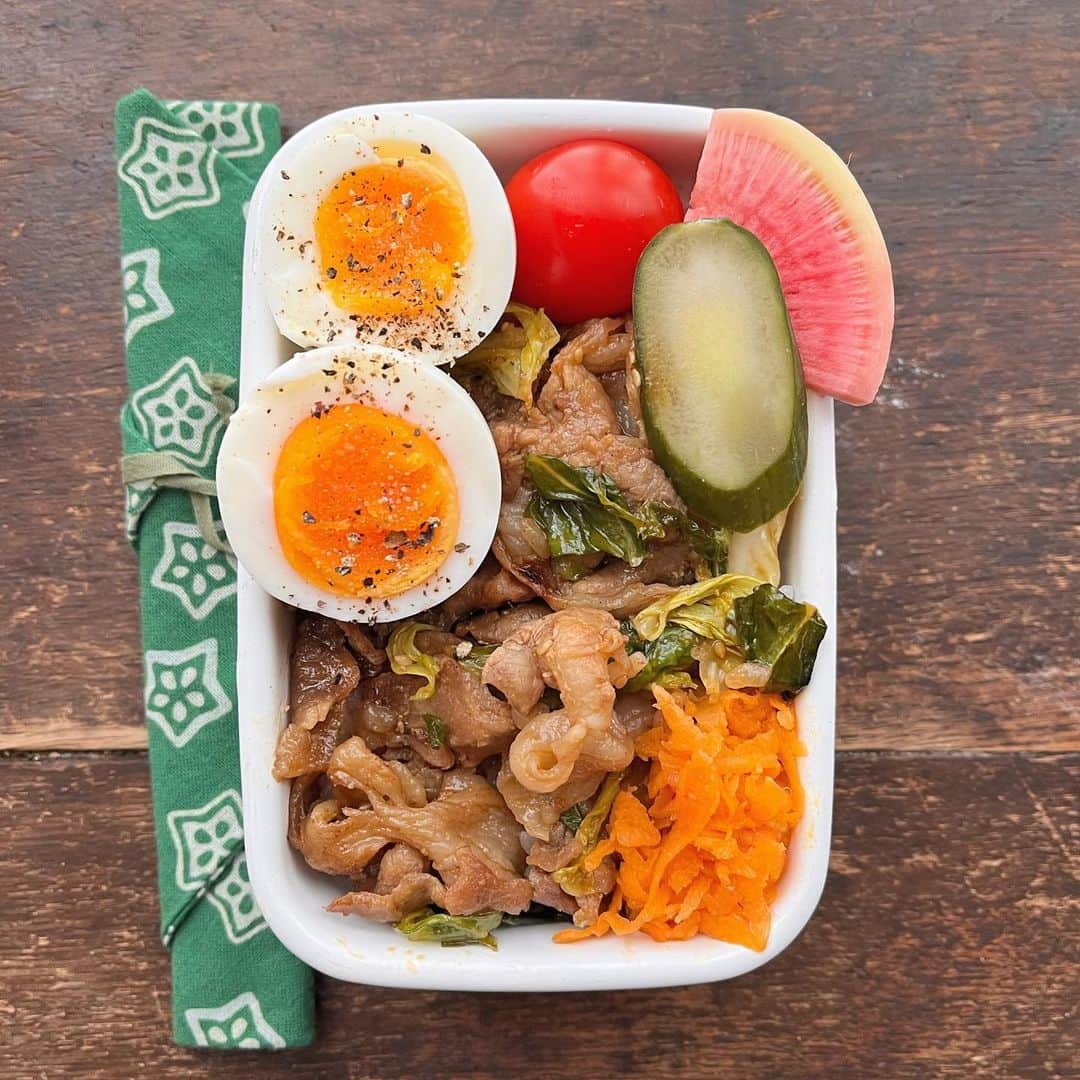 Rocoのインスタグラム：「03.24 豚肉と春キャベツの炒めもの にんじんラペ ゆで卵 ミニトマト ぬか漬け ごはん   #roco弁 #お弁当#obento#bento#大学生弁当#野田琺瑯」