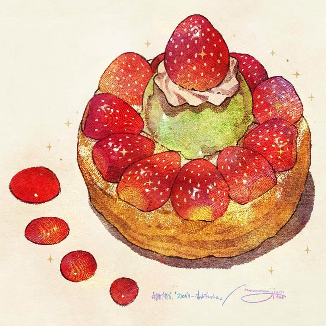 のインスタグラム：「『#DAY1486/「ストロベリーホットデニッシュ」』  もみじ真魚/MaoMomiji 2023年5月8日 23:01  「王冠のように気品高く」 アツアツのデニッシュにイチゴを並べて、ピスタチオアイスを乗せたデザート。サクサクの生地にイチゴのジューシー、とろけるアイスクリームを召し上がれ！  "As dignified as a crown" A dessert with pistachio ice cream on a piping hot Danish pastry with strawberries. Enjoy the juicy strawberries and melting ice cream on the crunchy dough!  “冠冕堂皇” 一种甜点，在滚烫的丹麦糕点上放上开心果冰淇淋和草莓。 在松脆的面团上享用多汁的草莓和融化的冰淇淋！  "Tan digno como una corona" Un postre con helado de pistacho sobre una pastelería danesa bien caliente con fresas. ¡Disfruta de las jugosas fresas y del helado derretido sobre la masa crujiente!  #日刊ごはんが好き #foodie #foodieart #dailyilovefood  #毎日更新 #foodillustration #fooddrawing #もみじ真魚 #maomomiji #飯テロ #美食 #デニッシュ #苺 #strawberry」
