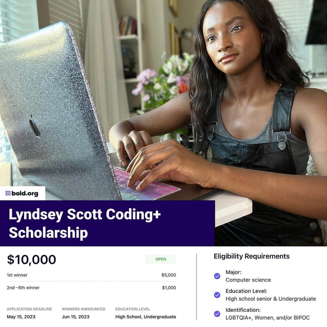 リンジー・スコットのインスタグラム：「Current and future computer science majors! There’s 1 week left to apply for my @bolddotorg scholarship. Go to bold.org and search for “Lyndsey Scott Coding+ Scholarship” 💫」