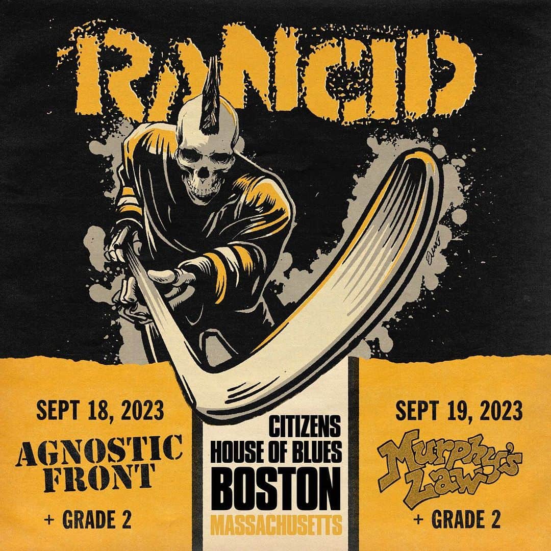 Rancidのインスタグラム：「BOSTON! Tickets on sale now for our only 2 U.S. headline shows of 2023. We are bringing along our family @agnosticfrontnyc for night 1 and @murphyslawnyc for night 2. Our brothers @grade2iow will be opening both nights. Link in bio.」