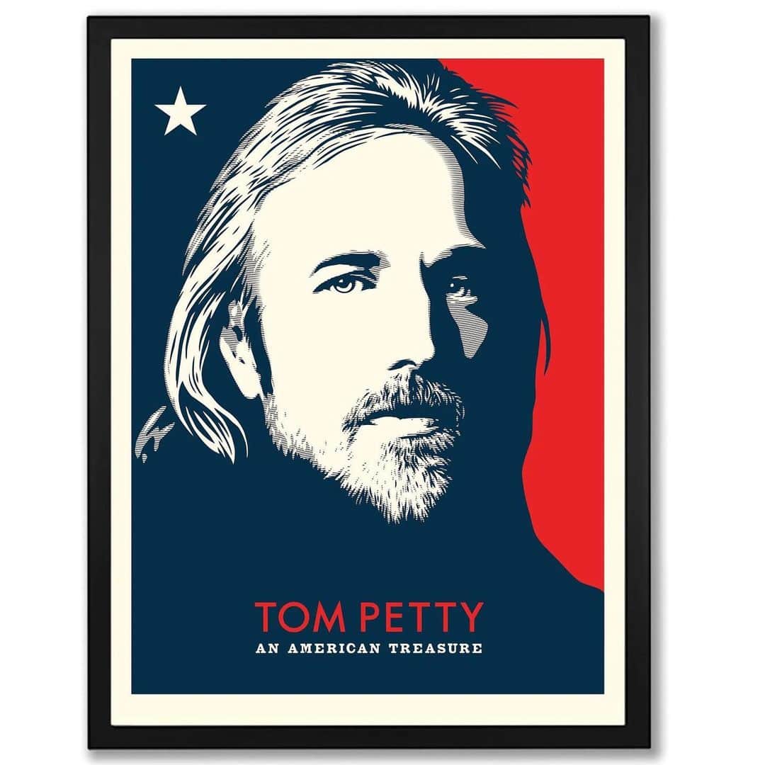 Shepard Faireyのインスタグラム：「Back by popular demand! For those who may have missed it, we are releasing an additional exclusive blue and red colorway of the ‘An American Treasure’ poster by @obeygiant in a limited edition of 550.   Net proceeds will benefit the newly launched Tom Petty Endowment for Guitars & Innovation at @ufcota. American Treasure Merch collection is available at the link in bio.  To continue Tom’s spirit of music mentorship, you can also donate to the endowment at the link in bio.」
