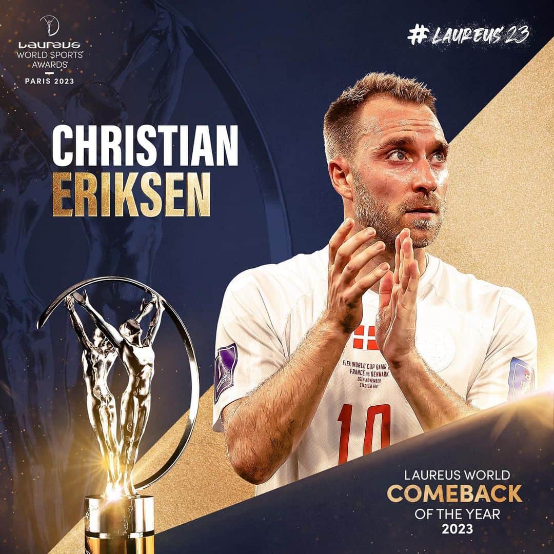 クリスティアン・エリクセンのインスタグラム：「The 2023 Laureus World Comeback of the Year Award winner is @chriseriksen8. 🏆  His return to the highest level of football is truly remarkable.   #Laureus23」
