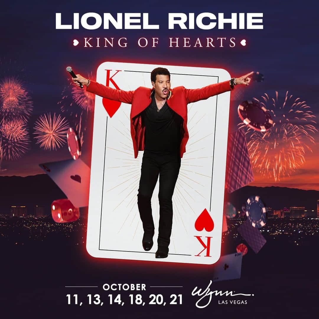 のインスタグラム：「My headlining run at the Encore Theater at @wynnlasvegas has been extended into October 2023 with an all-new show “Lionel Richie: King of Hearts”! Six incredible nights - October 11, 13-14, 18, and 20-21. You won’t want to miss it!  🎟️ Link to get tickets in my bio 🎟️   VIP Experience Packages are available starting Wednesday (4/26) at 10 a.m. PT and general tickets are on sale Friday (4/28) at 10am PT!  VIP Packages include:  - Premium upfront seating (including the first row) - Special on-stage photo opportunity with Lionel’s piano - Exclusive collectable merch package curated by Lionel - VIP venue entry and check-in」